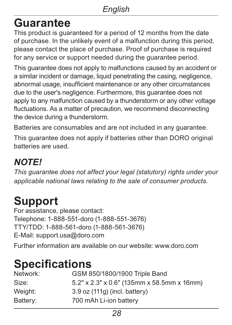 Guarantee, Support, Specifications | English | Doro HANDLEPLUS 326I GSM User Manual | Page 33 / 92