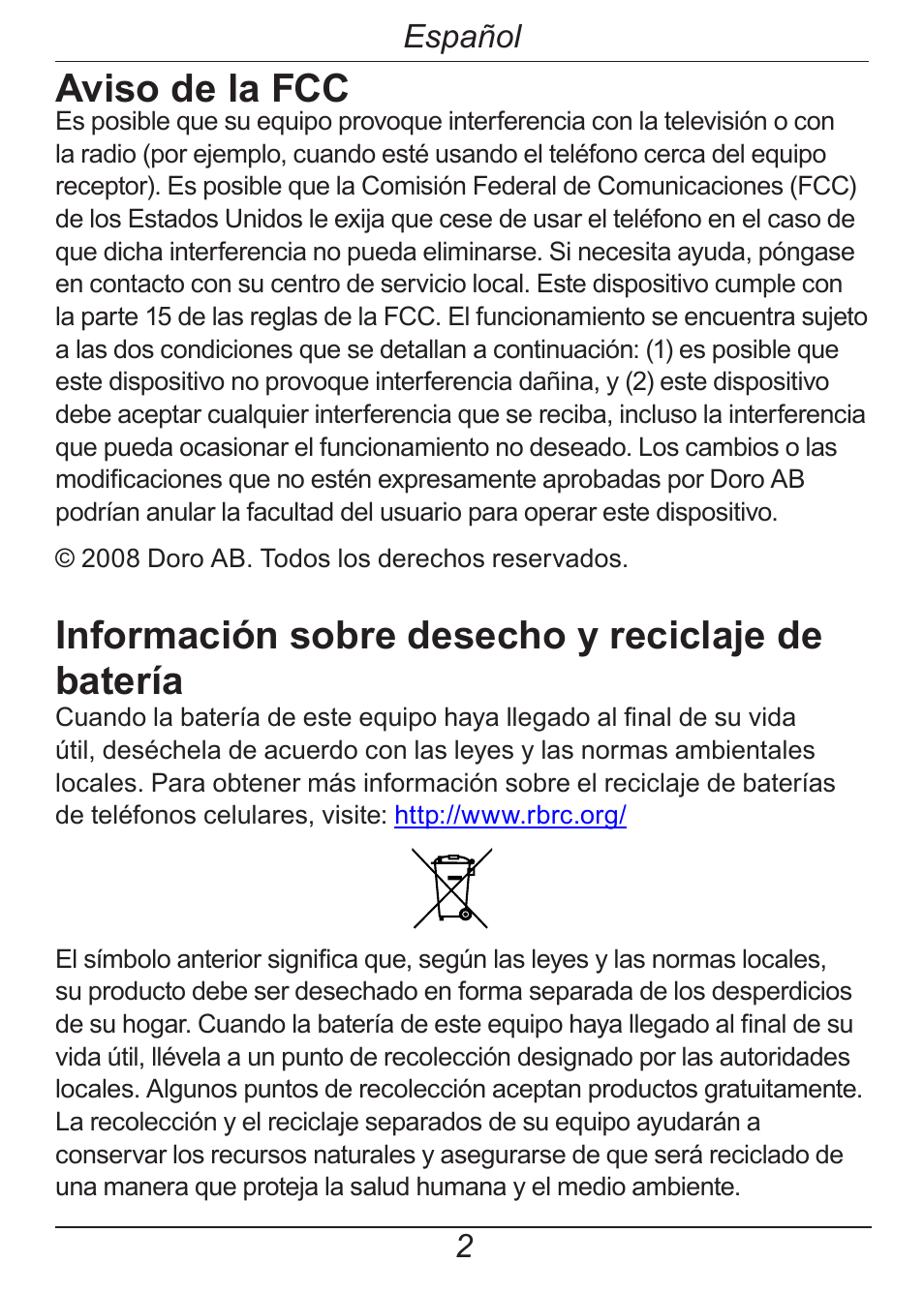 Aviso de la fcc, Información sobre desecho y reciclaje de batería, Español | Doro HANDLEPLUS 326I GSM User Manual | Page 35 / 92