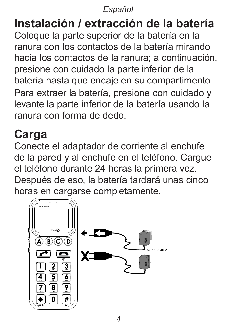 Instalación / extracción de la batería, Carga, Español | Doro HANDLEPLUS 326I GSM User Manual | Page 37 / 92