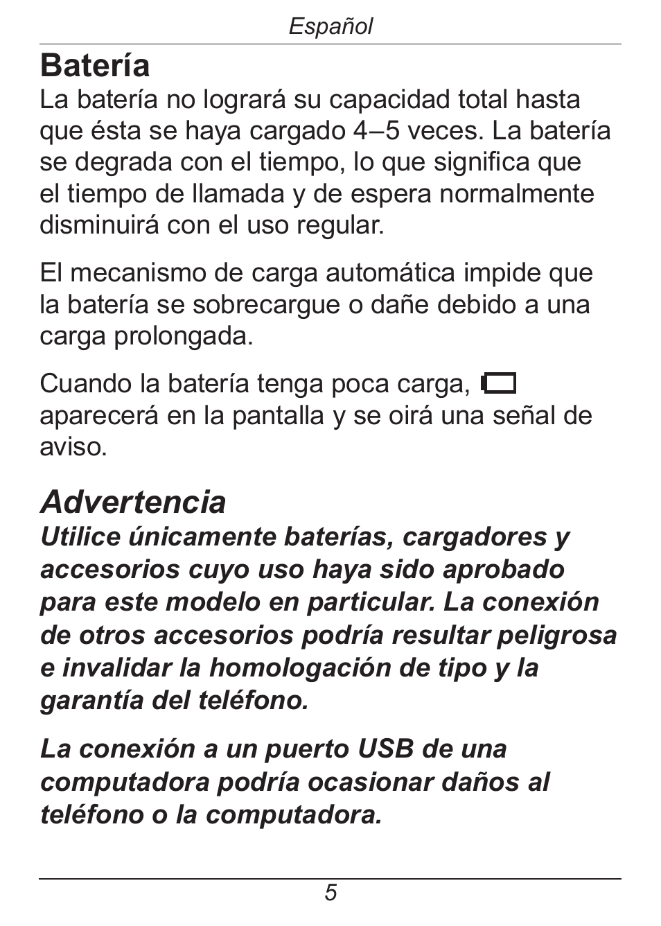 Batería, Advertencia | Doro HANDLEPLUS 326I GSM User Manual | Page 38 / 92