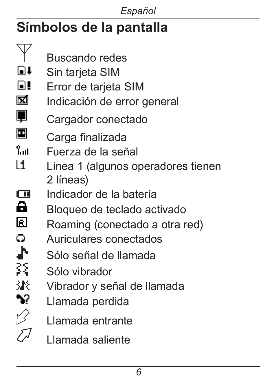 Símbolos de la pantalla | Doro HANDLEPLUS 326I GSM User Manual | Page 39 / 92