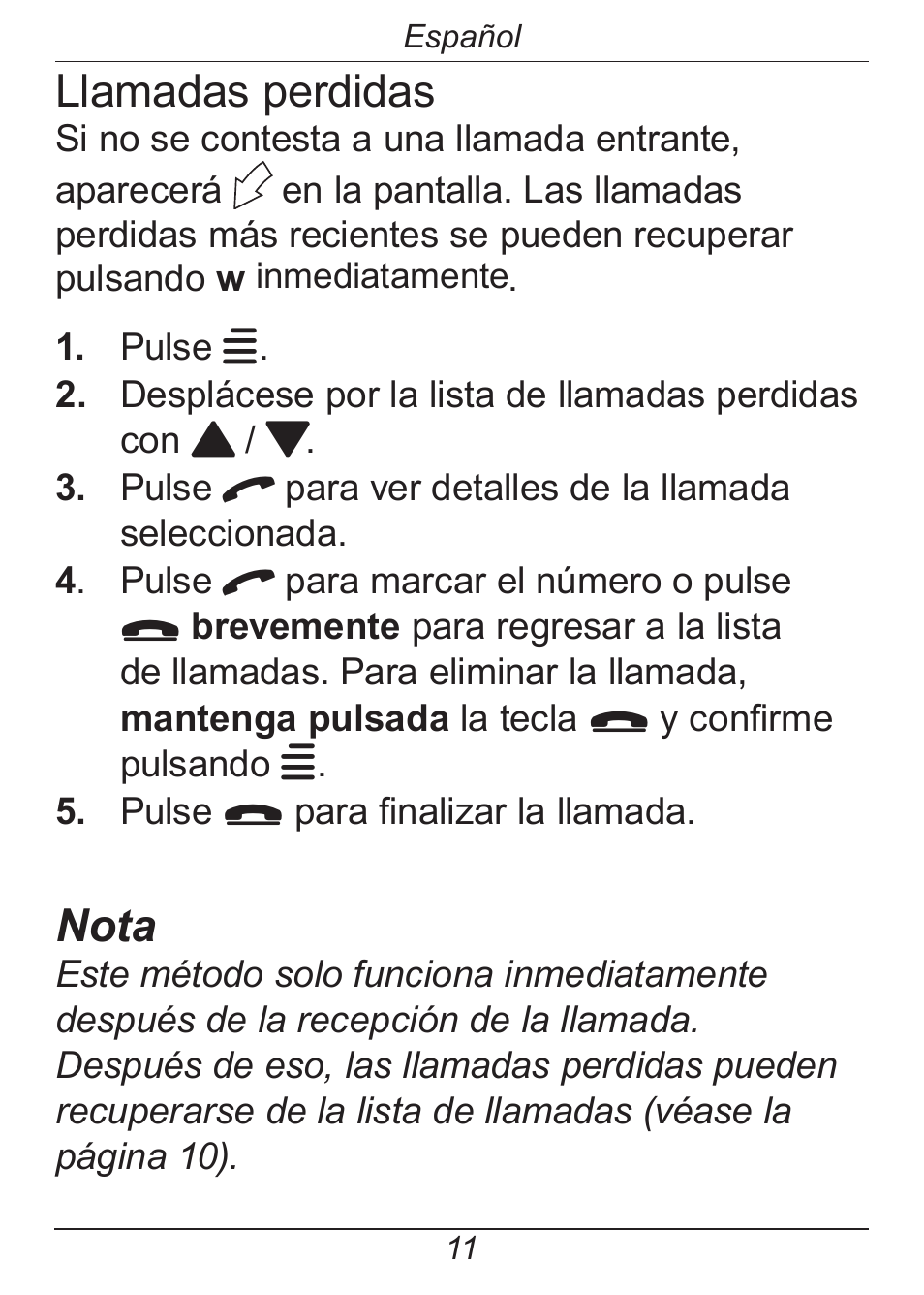 Llamadas perdidas, Nota | Doro HANDLEPLUS 326I GSM User Manual | Page 44 / 92