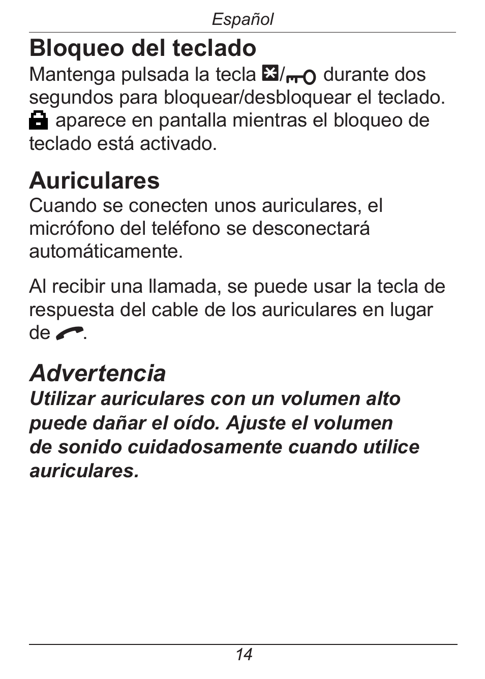 Bloqueo del teclado, Auriculares, Advertencia | Doro HANDLEPLUS 326I GSM User Manual | Page 47 / 92