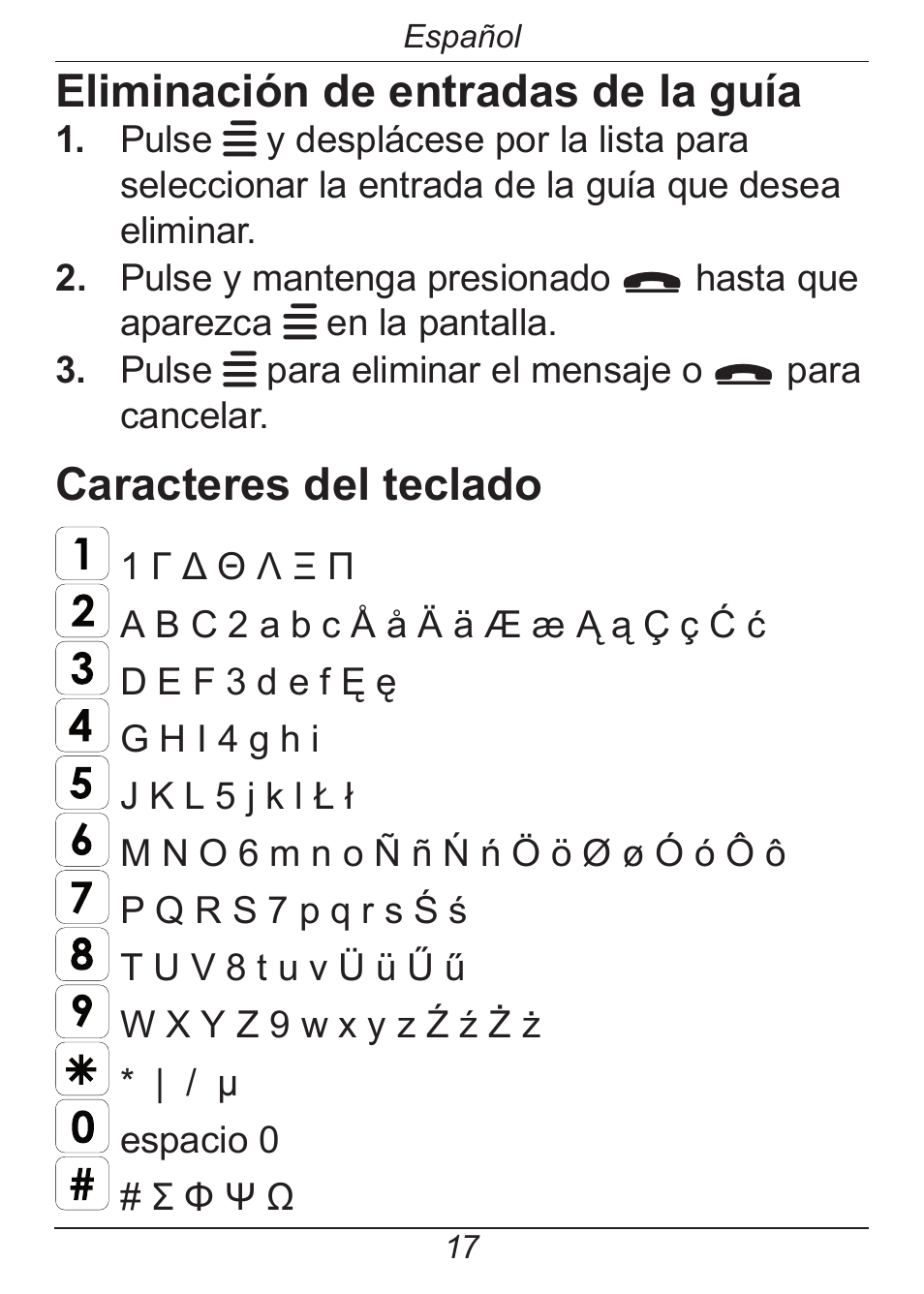 Eliminación de entradas de la guía, Caracteres del teclado | Doro HANDLEPLUS 326I GSM User Manual | Page 50 / 92