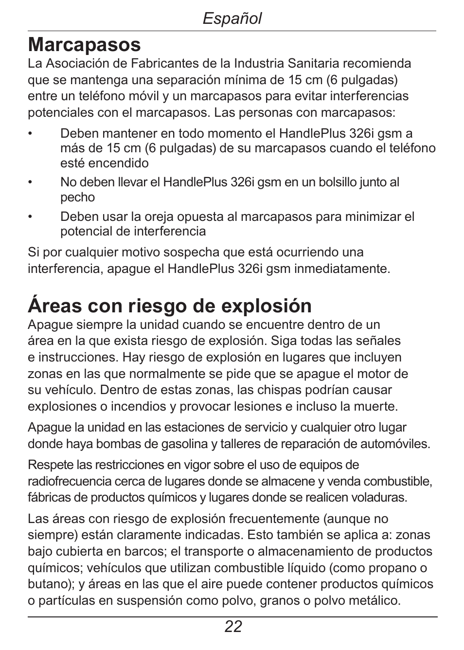 Marcapasos, Áreas con riesgo de explosión, Español | Doro HANDLEPLUS 326I GSM User Manual | Page 55 / 92