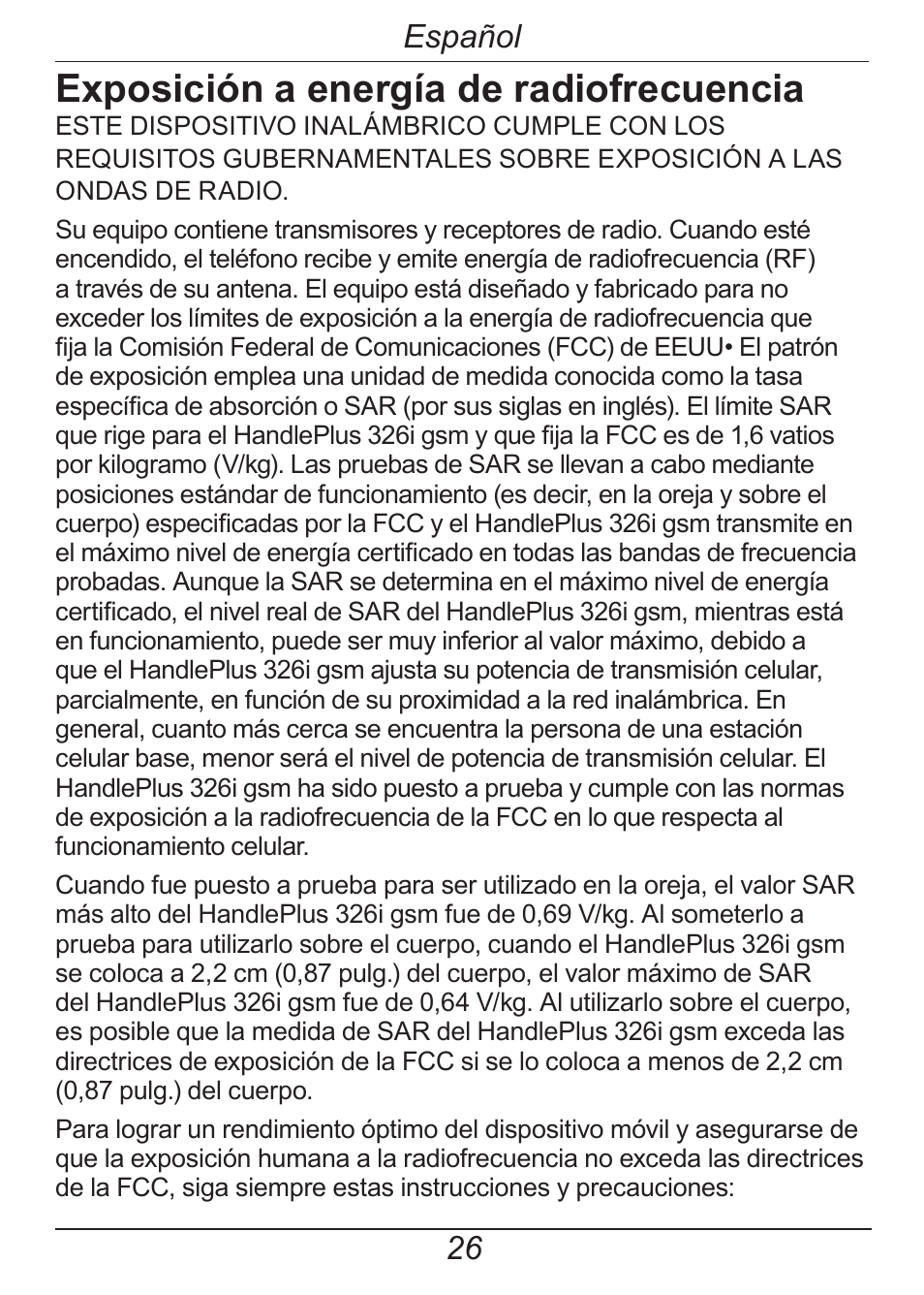 Exposición a energía de radiofrecuencia, Español | Doro HANDLEPLUS 326I GSM User Manual | Page 59 / 92