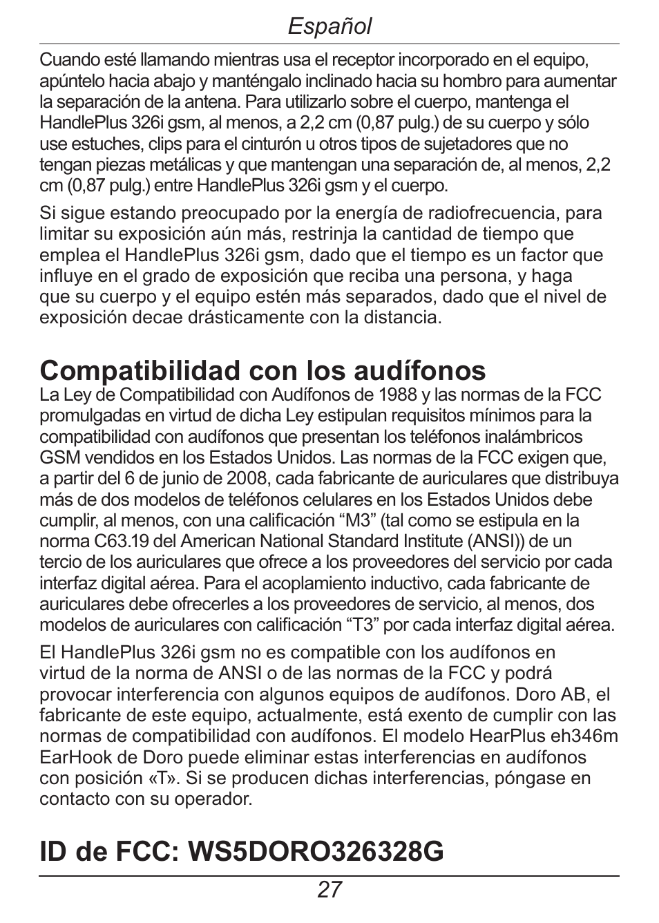 Compatibilidad con los audífonos, Español | Doro HANDLEPLUS 326I GSM User Manual | Page 60 / 92