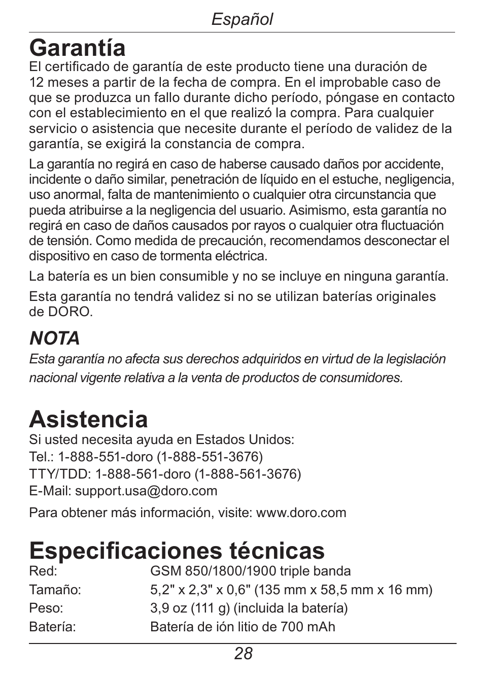 Garantía, Asistencia, Especificaciones técnicas | Nota, Español | Doro HANDLEPLUS 326I GSM User Manual | Page 61 / 92