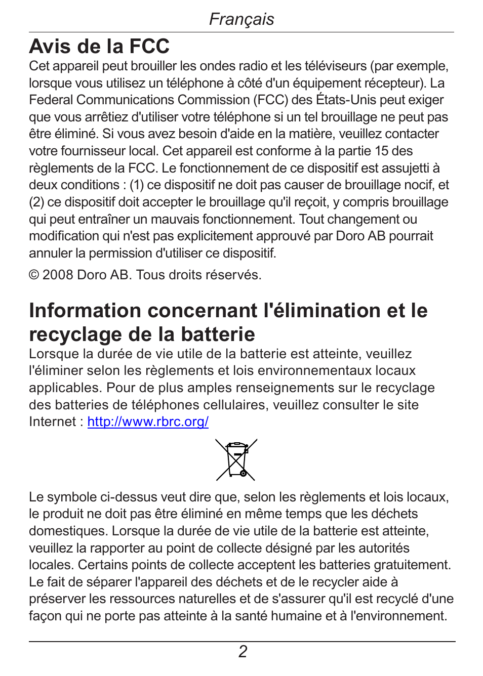 Avis de la fcc, Français | Doro HANDLEPLUS 326I GSM User Manual | Page 63 / 92