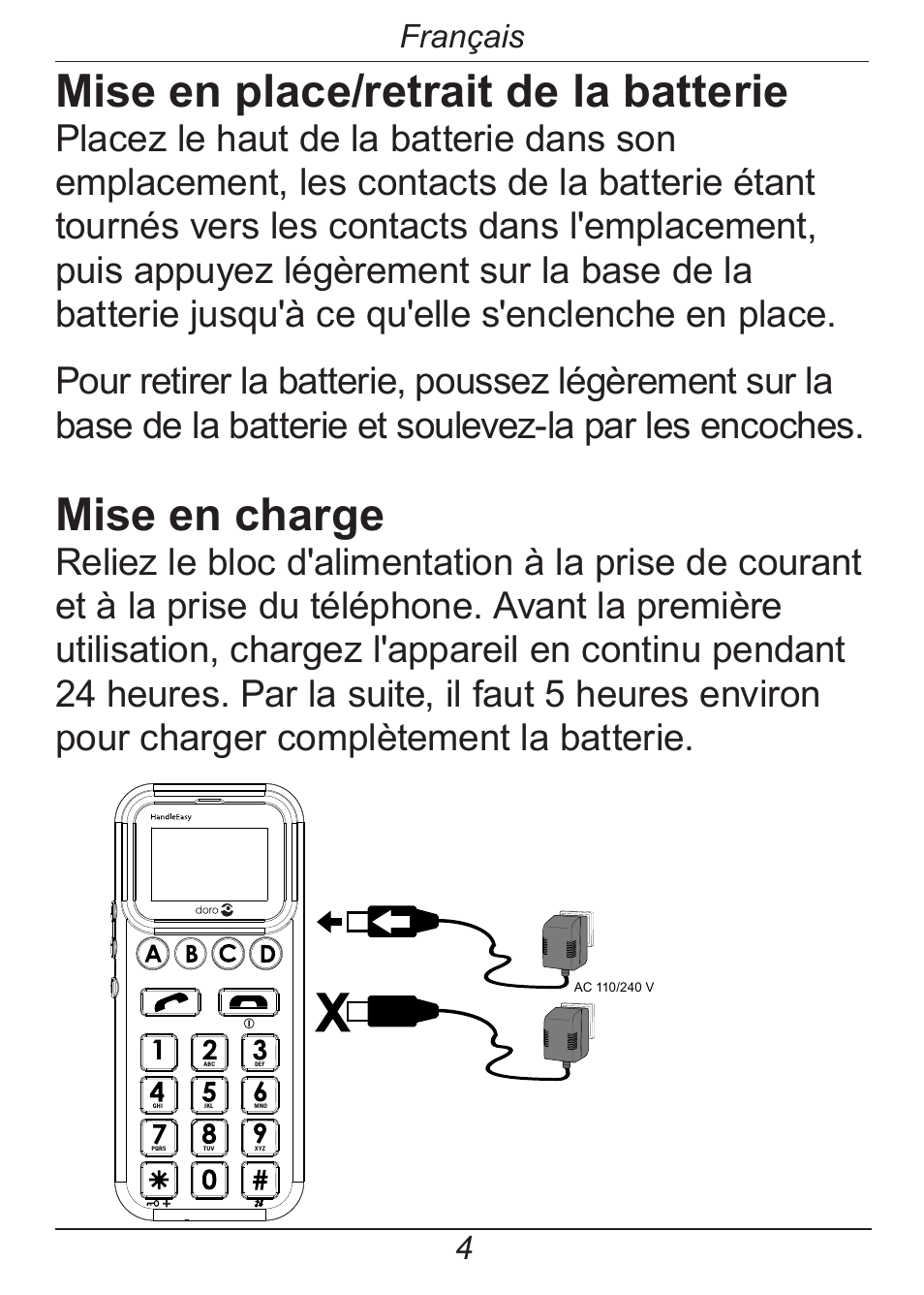 Mise en place/retrait de la batterie, Mise en charge, Français | Doro HANDLEPLUS 326I GSM User Manual | Page 65 / 92