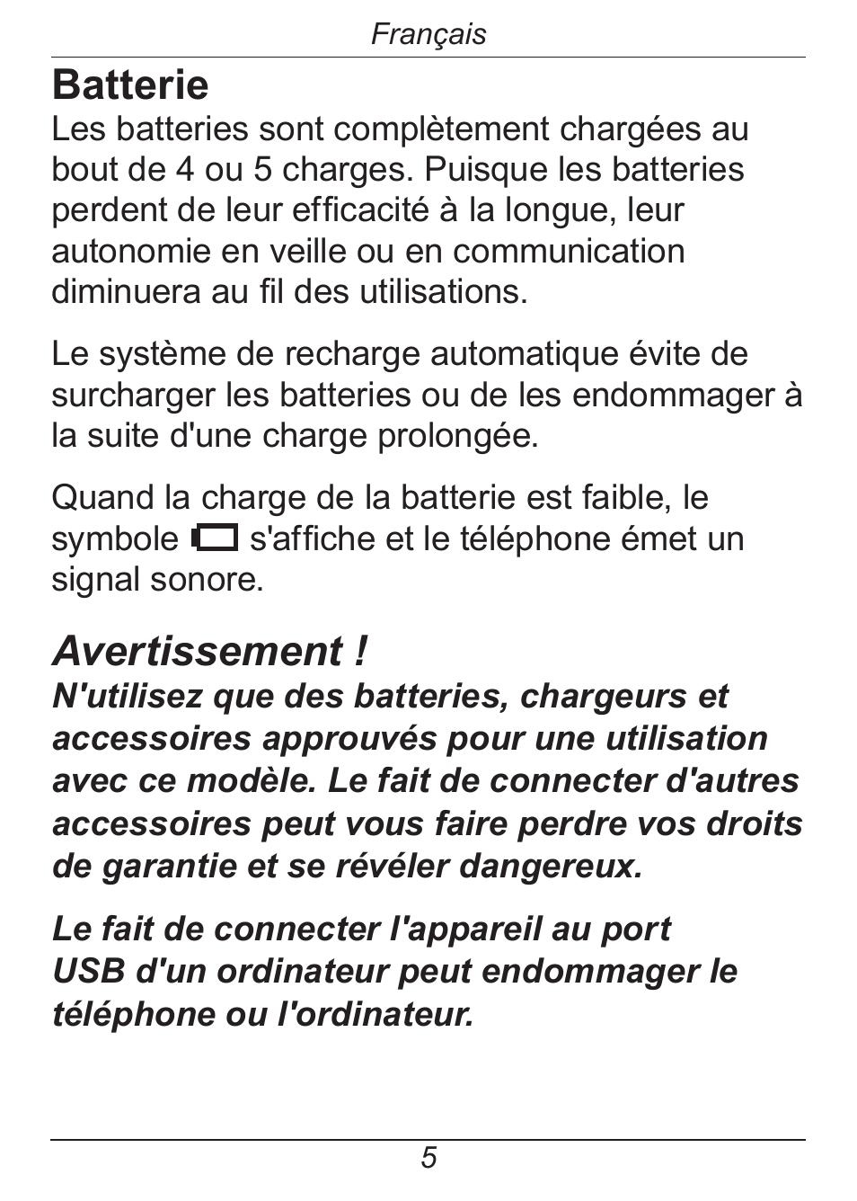 Batterie, Avertissement | Doro HANDLEPLUS 326I GSM User Manual | Page 66 / 92