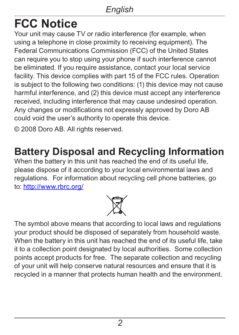 Fcc notice, Battery disposal and recycling information, English | Doro HANDLEPLUS 326I GSM User Manual | Page 7 / 92