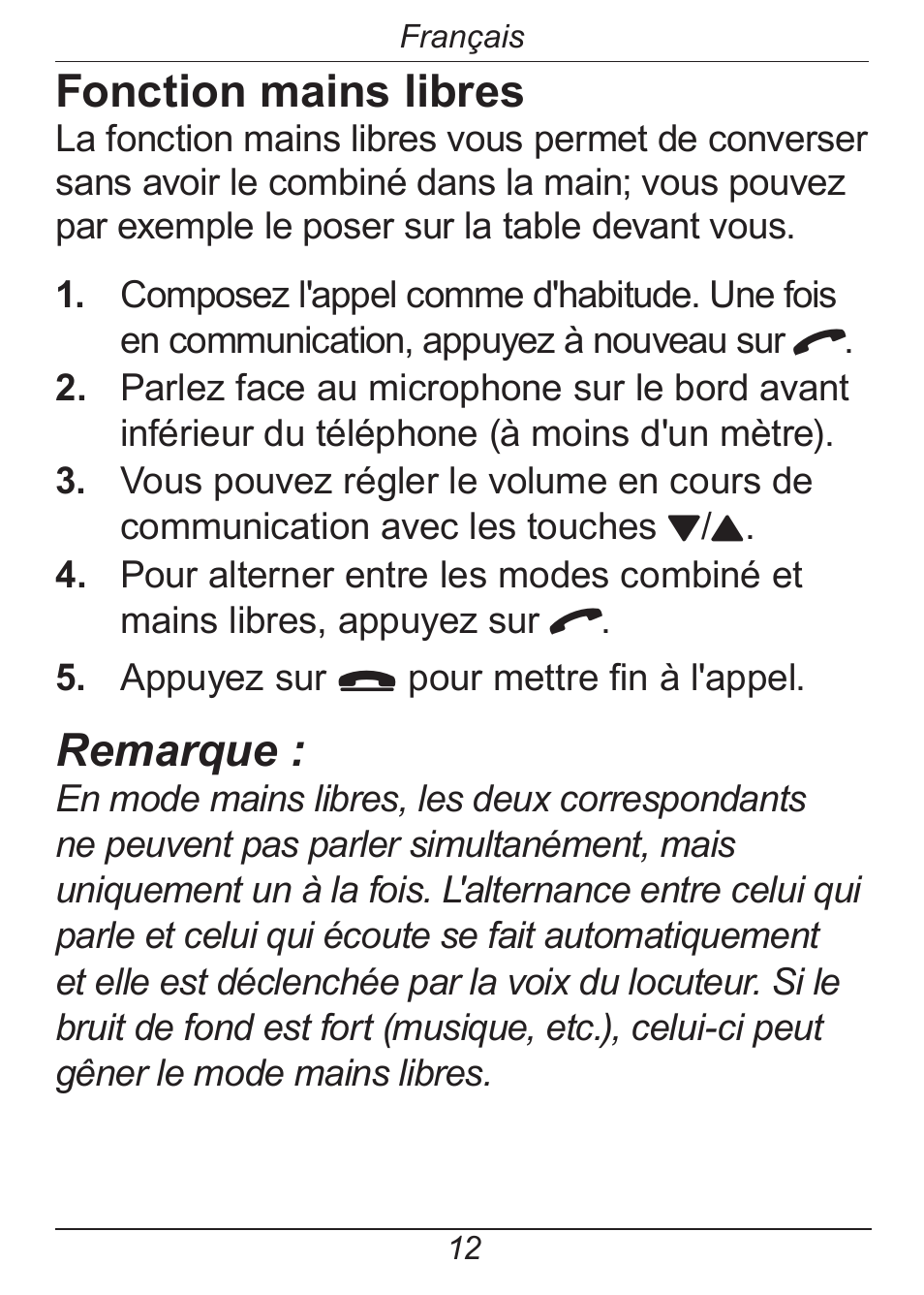 Fonction mains libres, Remarque | Doro HANDLEPLUS 326I GSM User Manual | Page 73 / 92