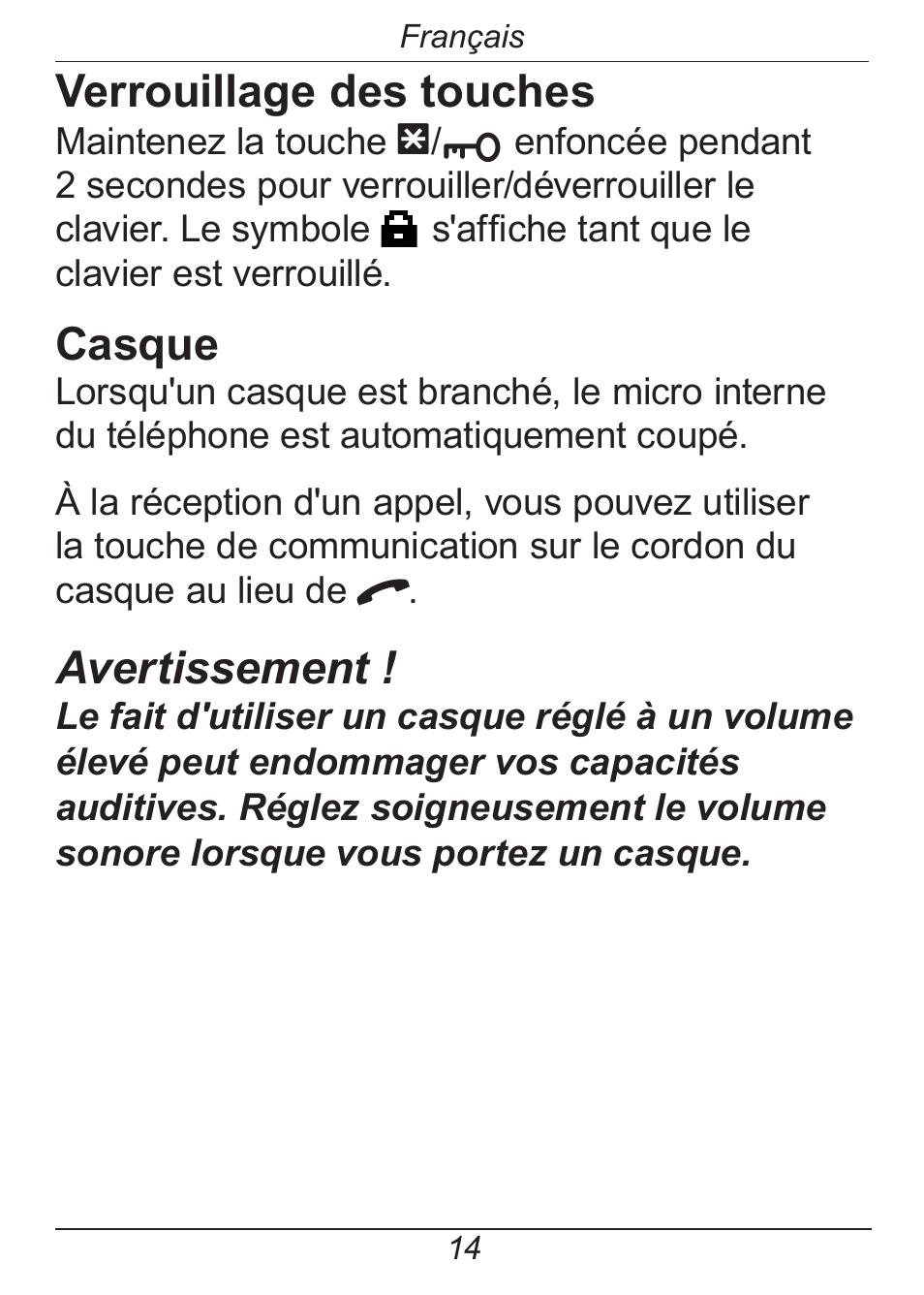 Verrouillage des touches, Casque, Avertissement | Doro HANDLEPLUS 326I GSM User Manual | Page 75 / 92