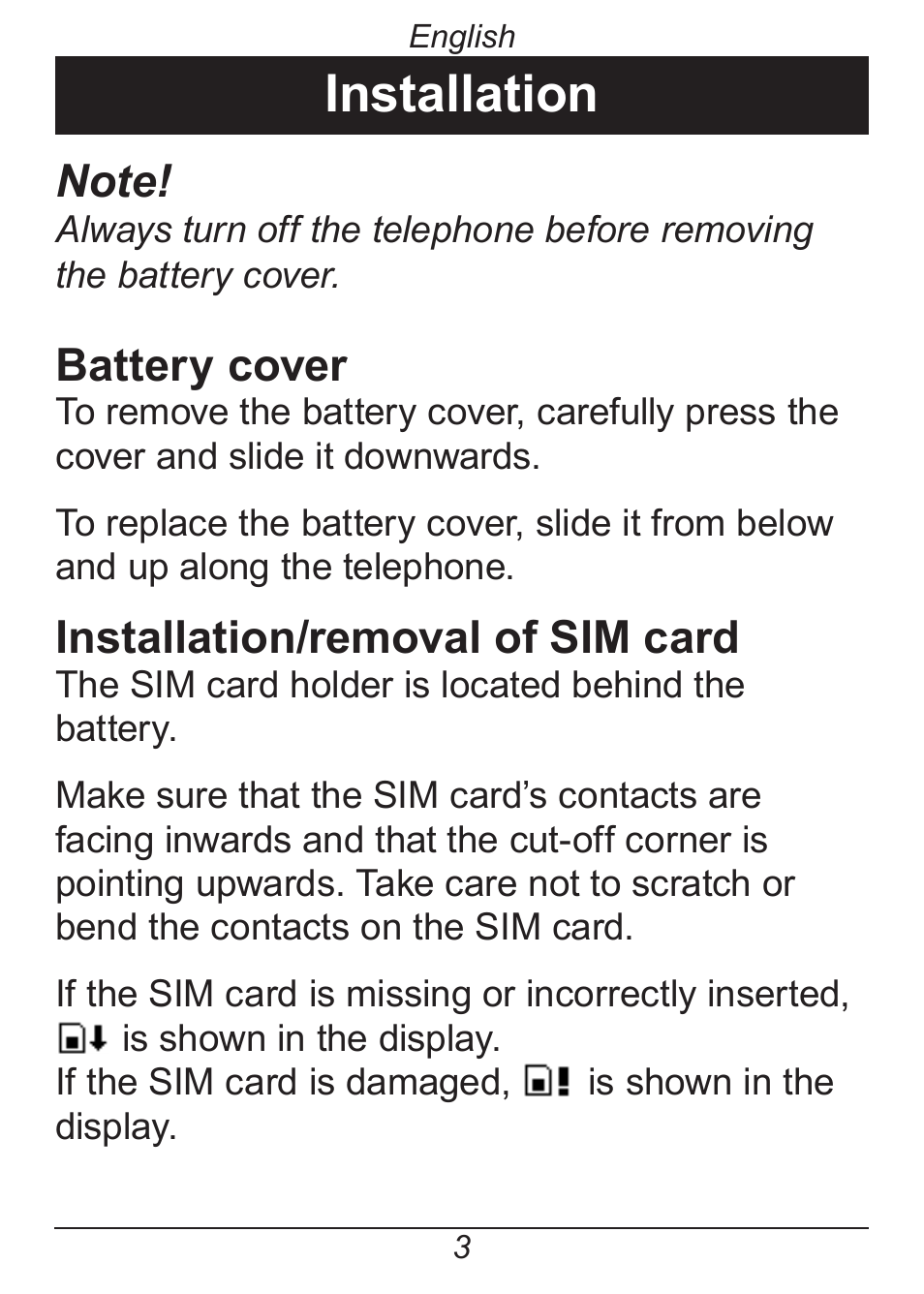 Installation, Battery cover, Installation/removal of sim card | Doro HANDLEPLUS 326I GSM User Manual | Page 8 / 92