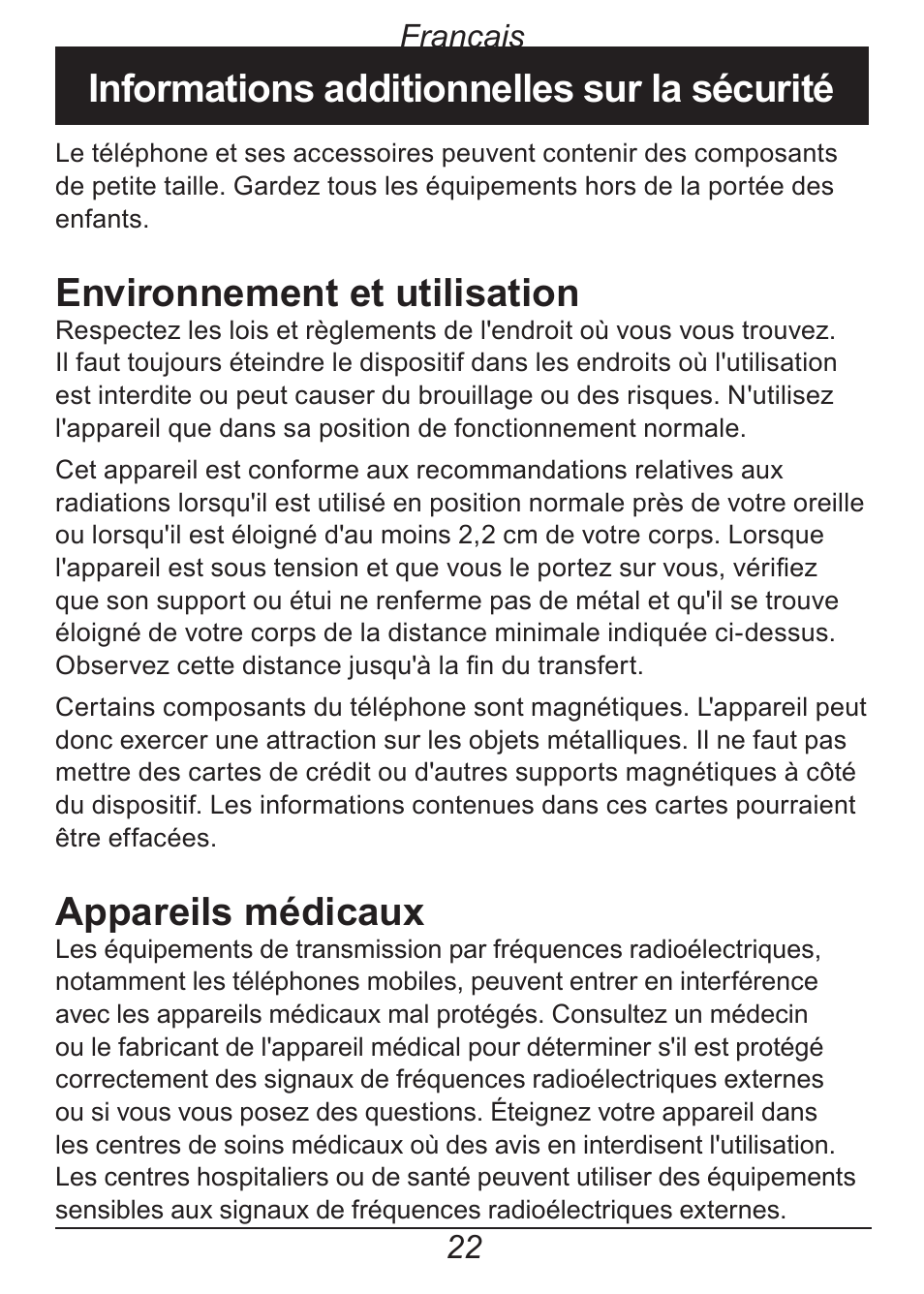 Informations additionnelles sur la sécurité, Environnement et utilisation, Appareils médicaux | Français | Doro HANDLEPLUS 326I GSM User Manual | Page 83 / 92