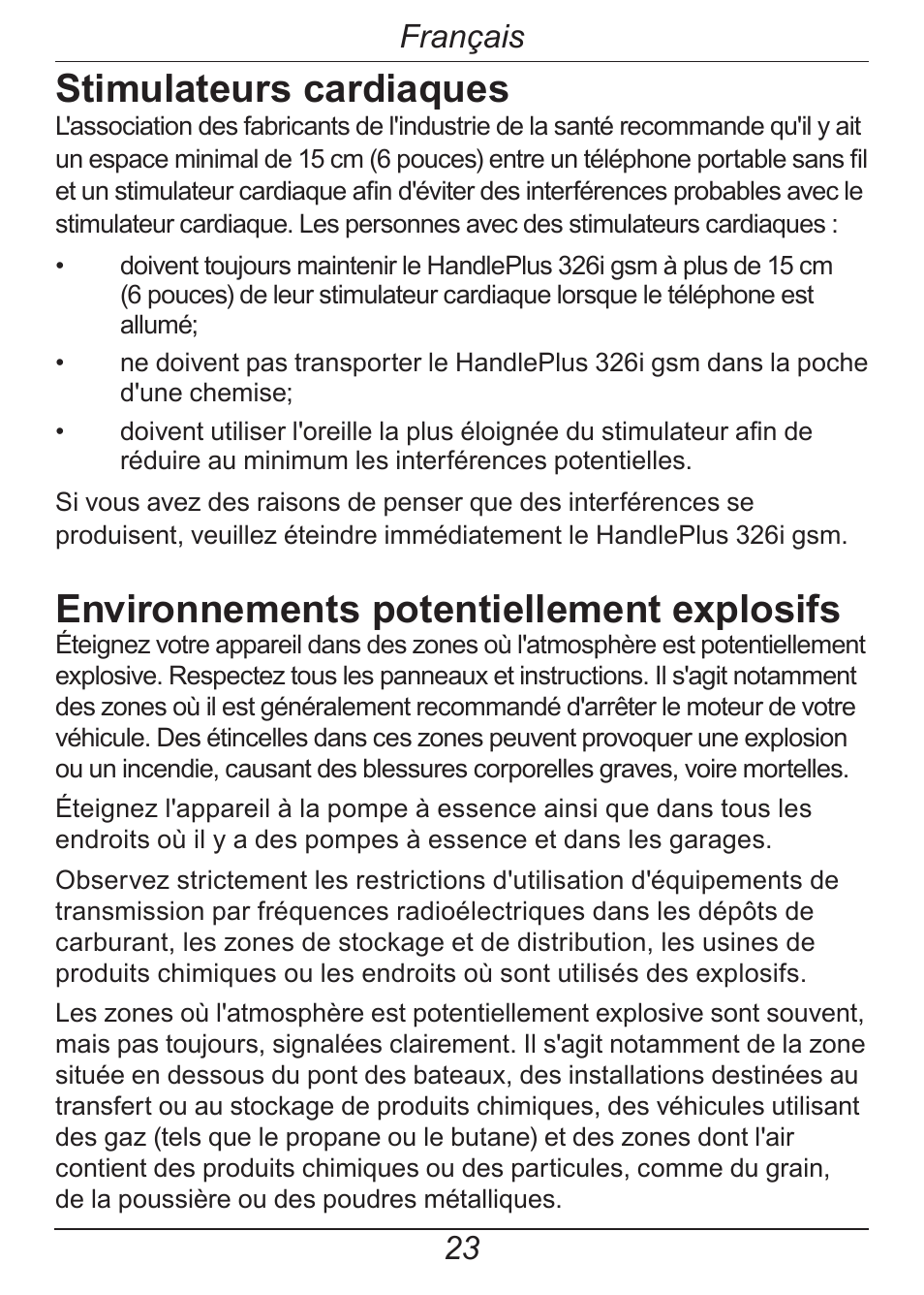 Stimulateurs cardiaques, Environnements potentiellement explosifs, Français | Doro HANDLEPLUS 326I GSM User Manual | Page 84 / 92