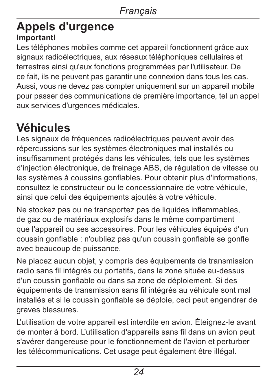 Appels d'urgence, Véhicules, Français | Doro HANDLEPLUS 326I GSM User Manual | Page 85 / 92