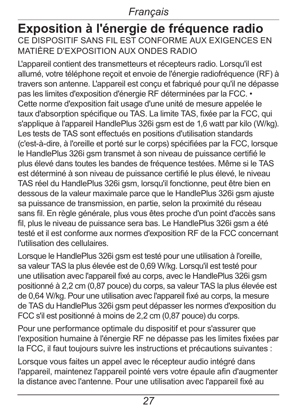 Exposition à l'énergie de fréquence radio, Français | Doro HANDLEPLUS 326I GSM User Manual | Page 88 / 92