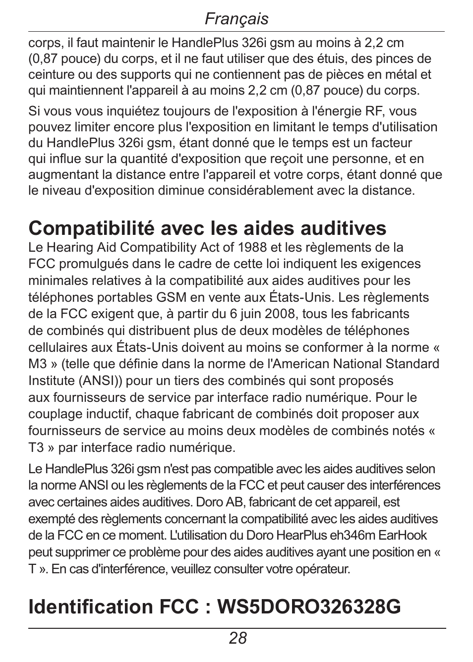 Compatibilité avec les aides auditives, Français | Doro HANDLEPLUS 326I GSM User Manual | Page 89 / 92