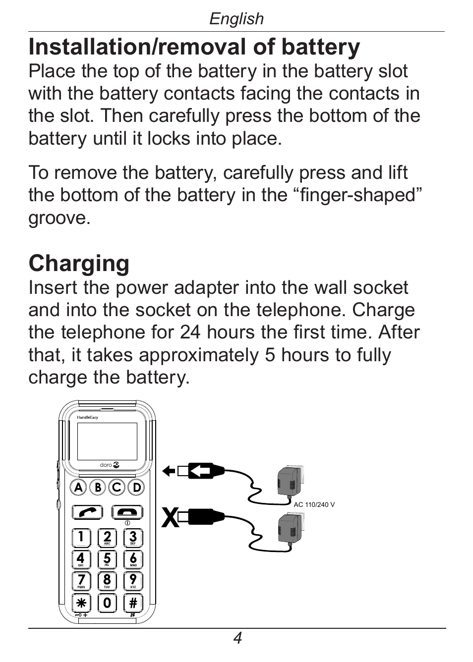 Installation/removal of battery, Charging, English | Doro HANDLEPLUS 326I GSM User Manual | Page 9 / 92