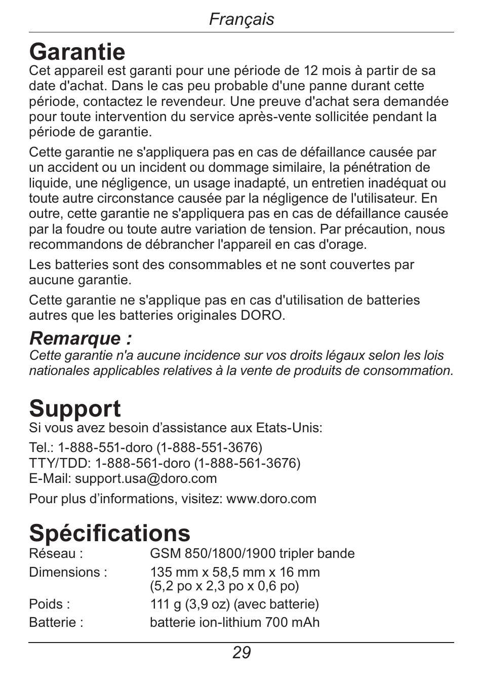 Garantie, Support, Spécifications | Remarque, Français | Doro HANDLEPLUS 326I GSM User Manual | Page 90 / 92
