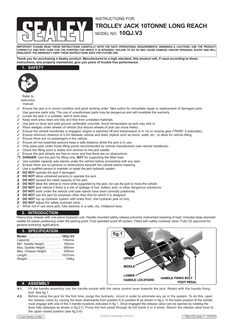 Sealey 10QJ User Manual | 3 pages