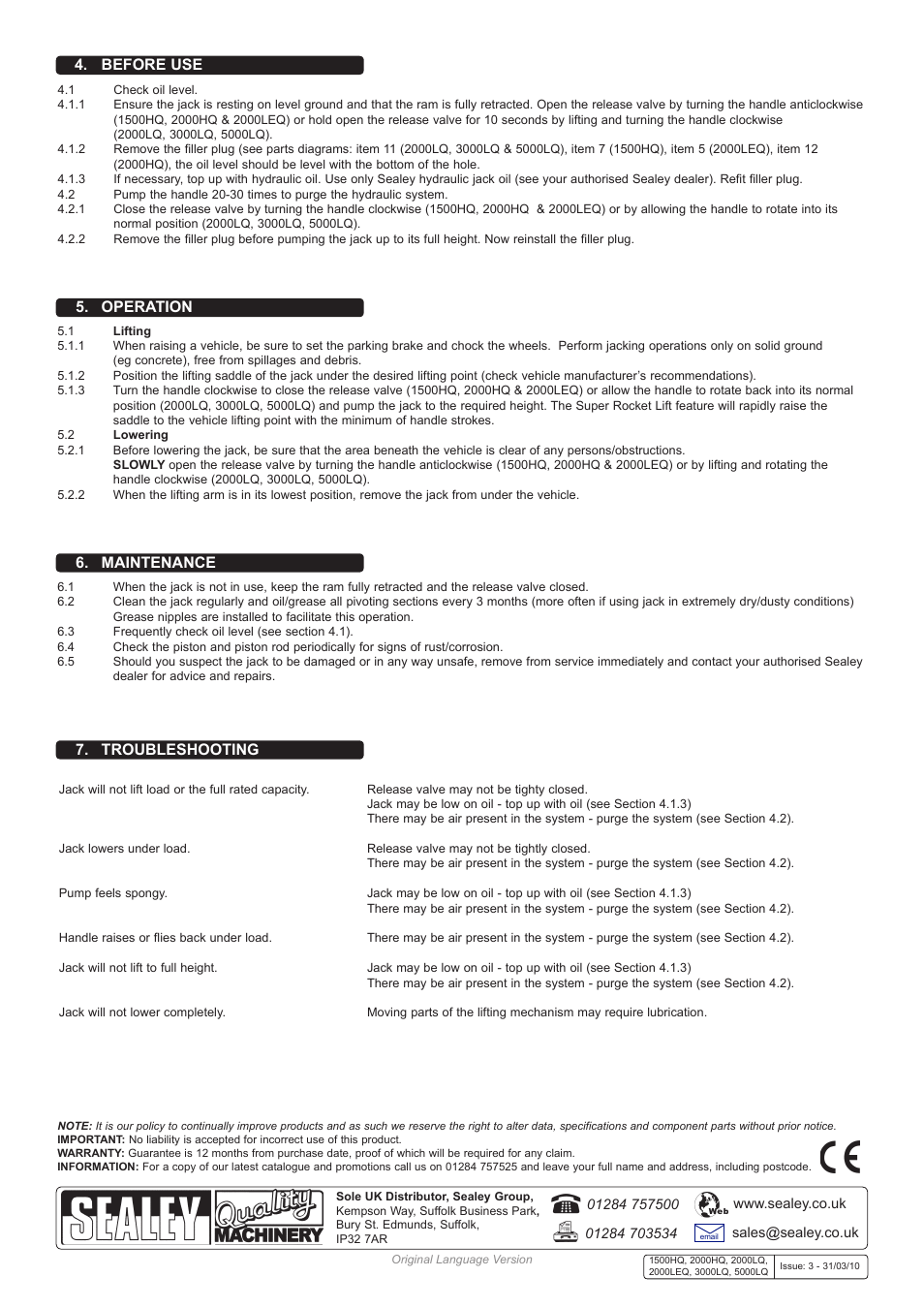 Operation, Maintenance, Troubleshooting | Before use | Sealey 5000LQ User Manual | Page 2 / 2
