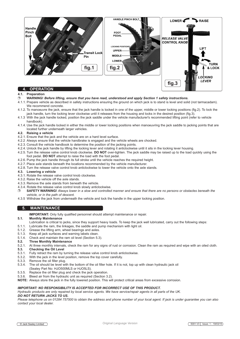 Fig.1 fig.2 fig.3, Maintenance, Operation | Sealey 5001 User Manual | Page 2 / 3