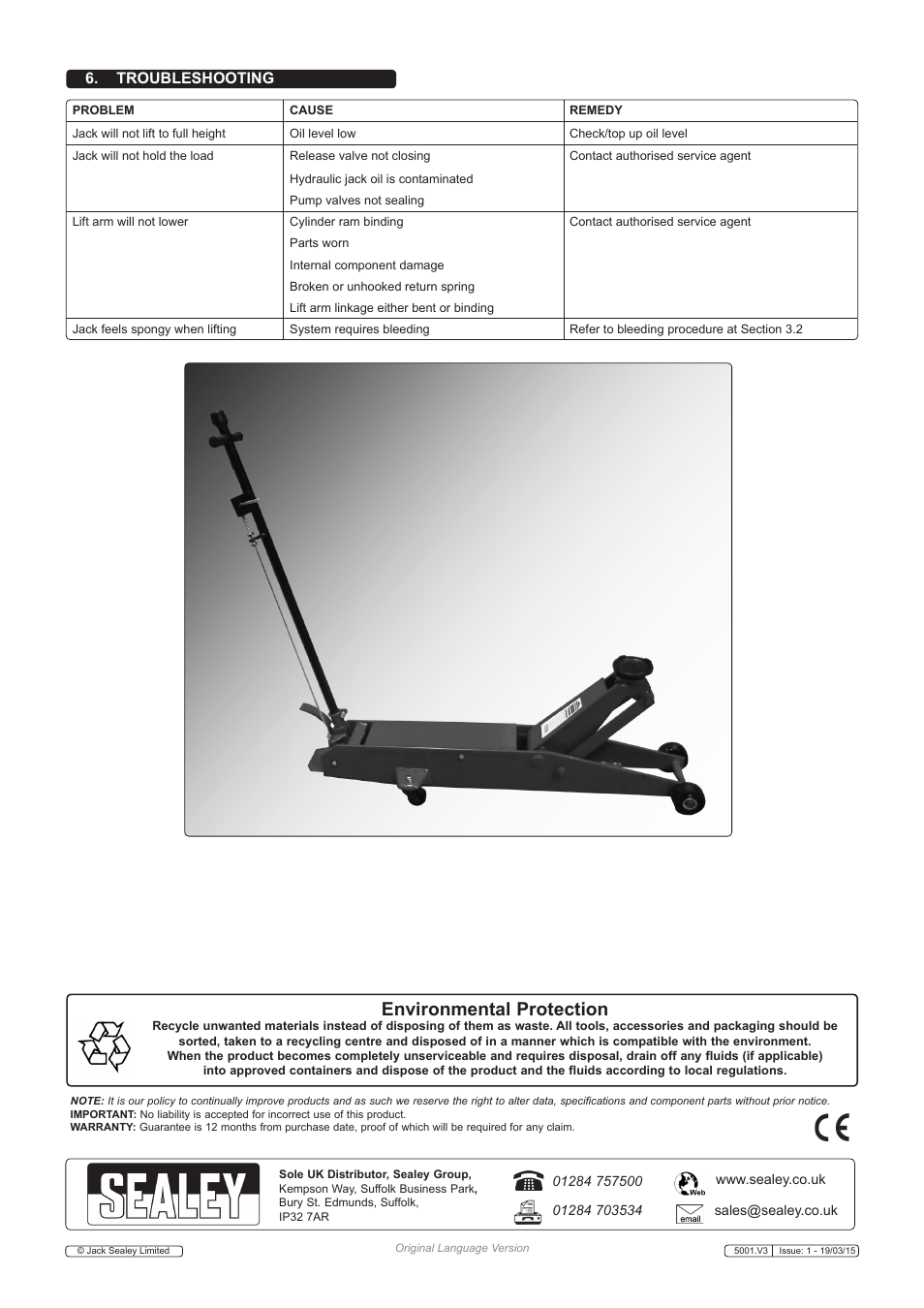 Environmental protection, Troubleshooting | Sealey 5001 User Manual | Page 3 / 3
