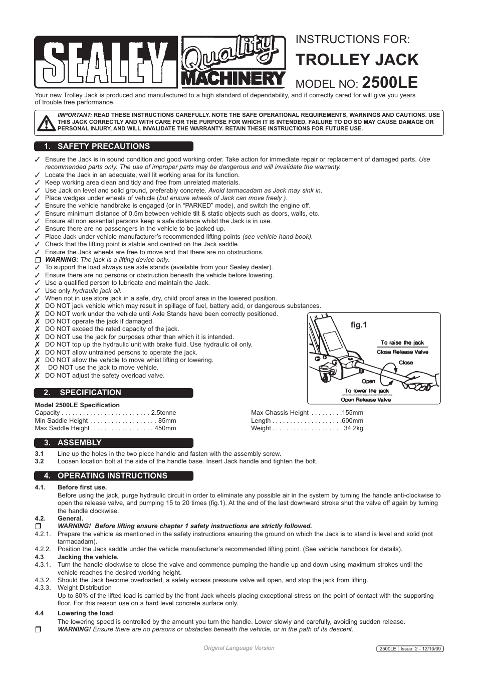 Sealey 2500LE User Manual | 2 pages