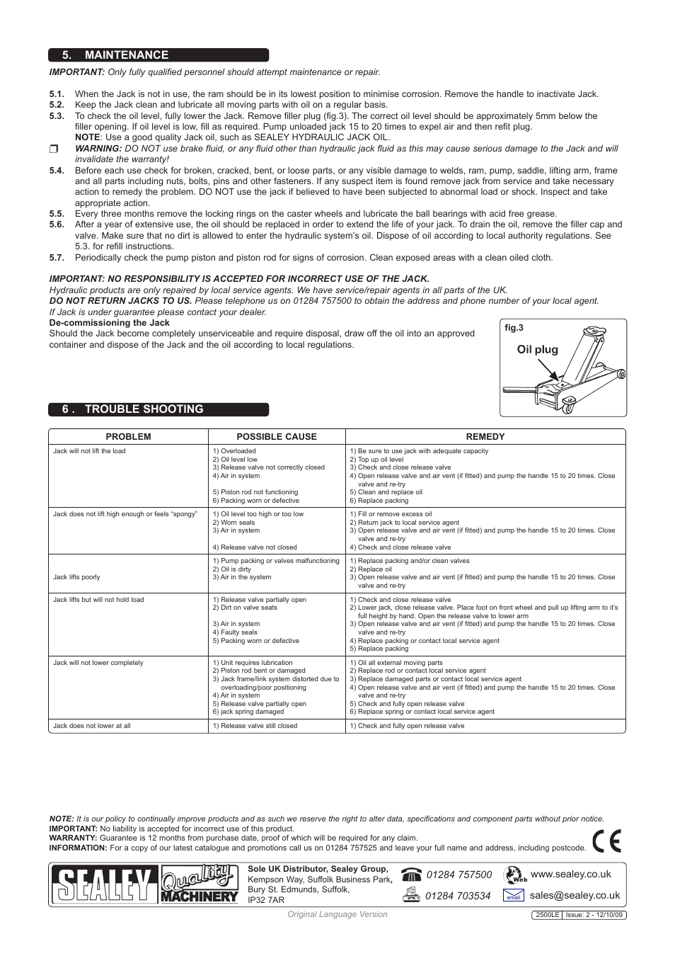 6 . trouble shooting, Maintenance | Sealey 2500LE User Manual | Page 2 / 2