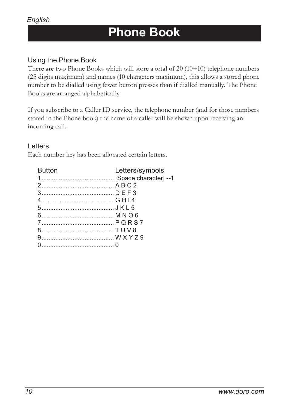 Phone book | Doro 820 User Manual | Page 10 / 32