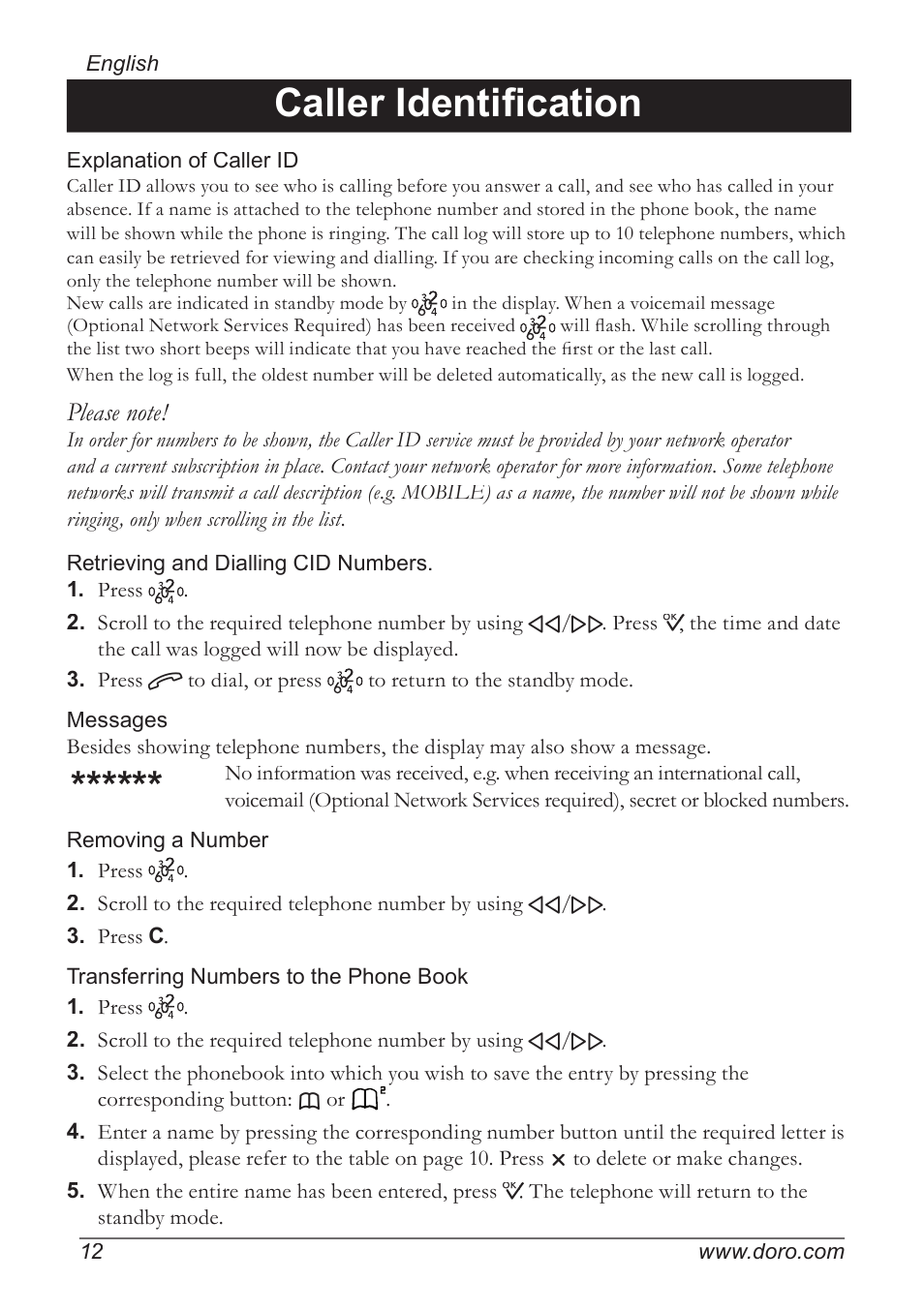 Caller identifi cation | Doro 820 User Manual | Page 12 / 32