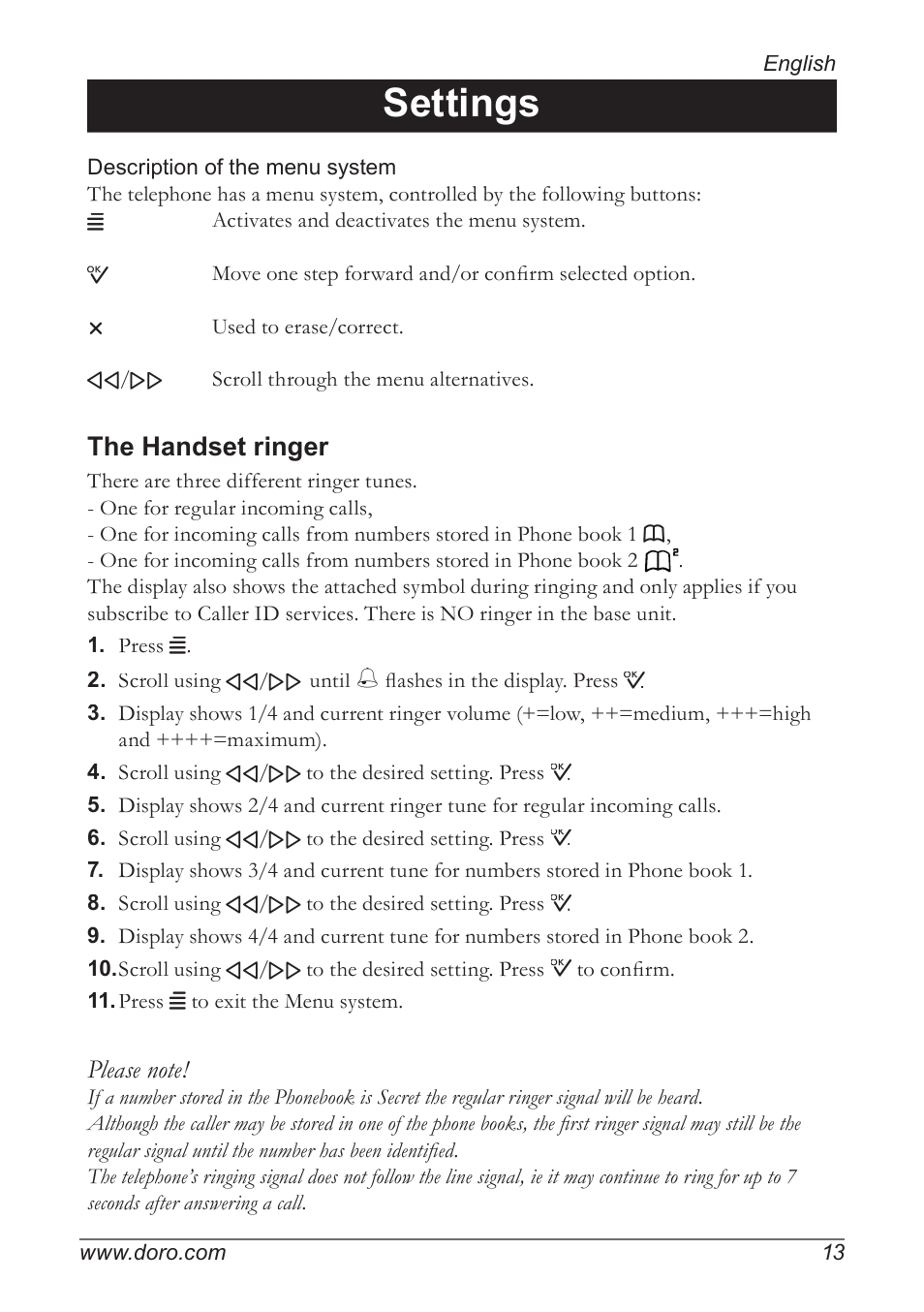 Settings, The handset ringer | Doro 820 User Manual | Page 13 / 32