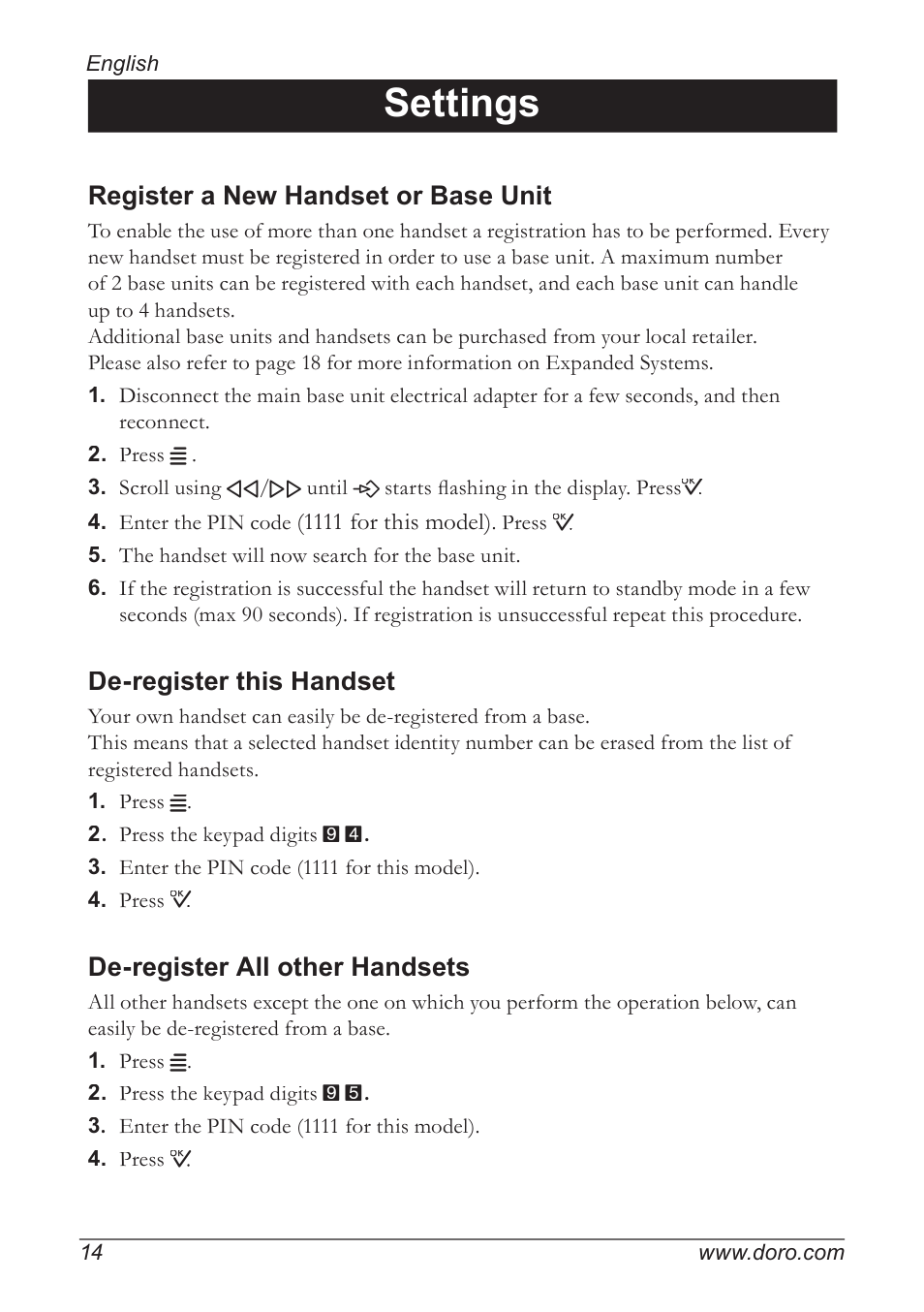 Settings, Register a new handset or base unit, De-register this handset | De-register all other handsets | Doro 820 User Manual | Page 14 / 32