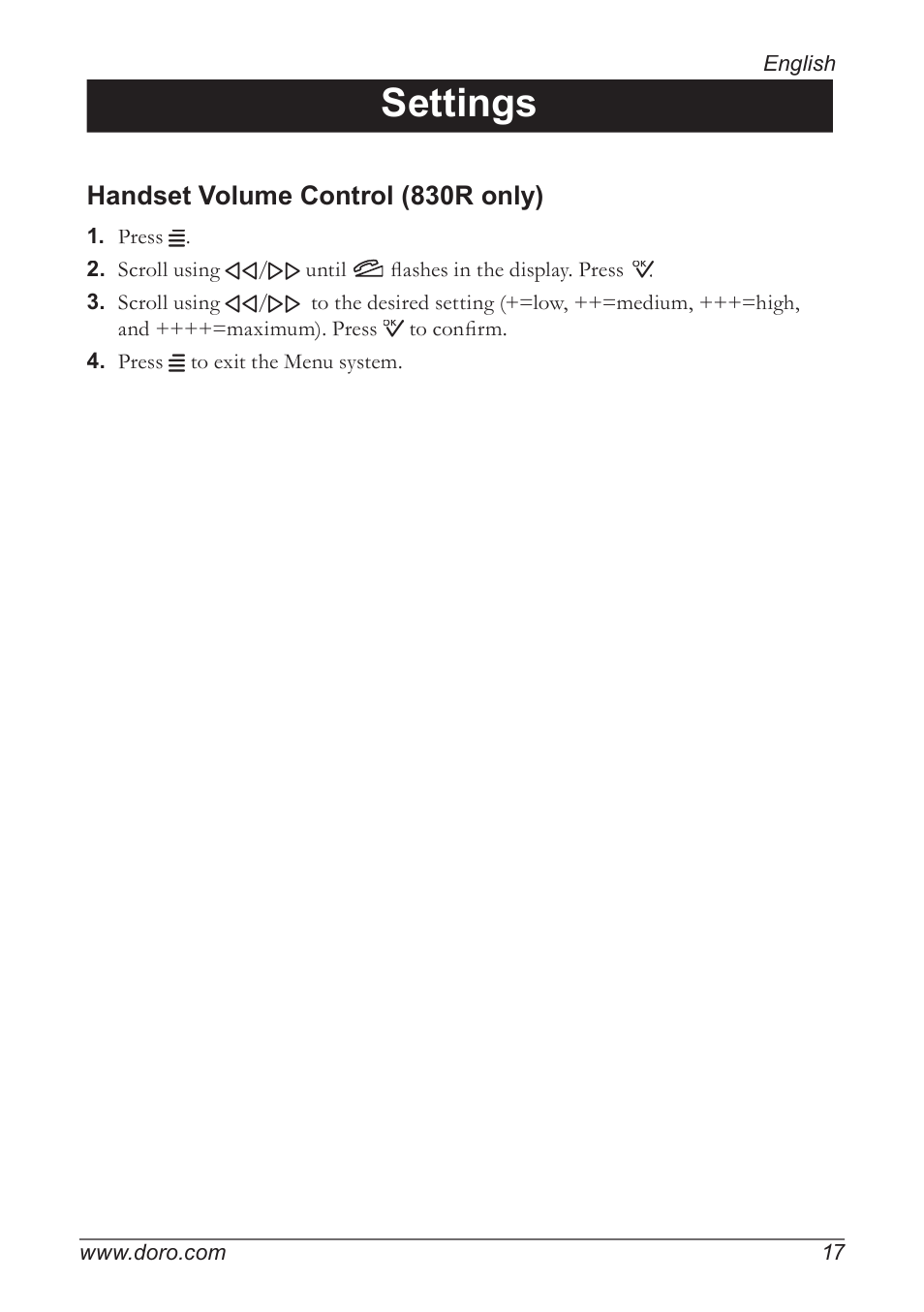 Settings, Handset volume control (830r only) | Doro 820 User Manual | Page 17 / 32