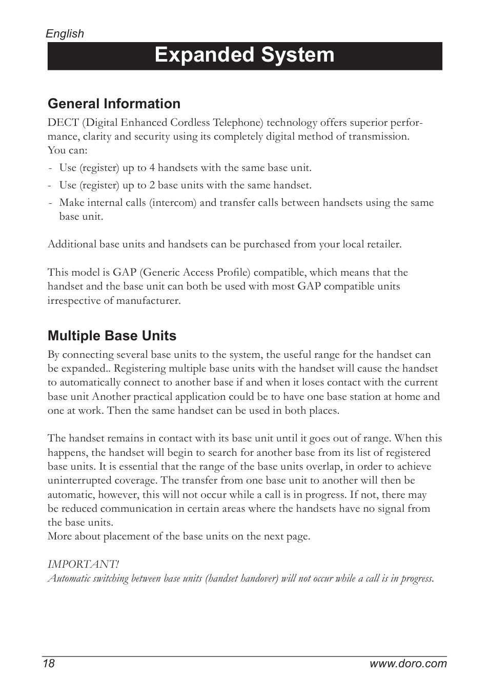 Expanded system, General information, Multiple base units | Doro 820 User Manual | Page 18 / 32