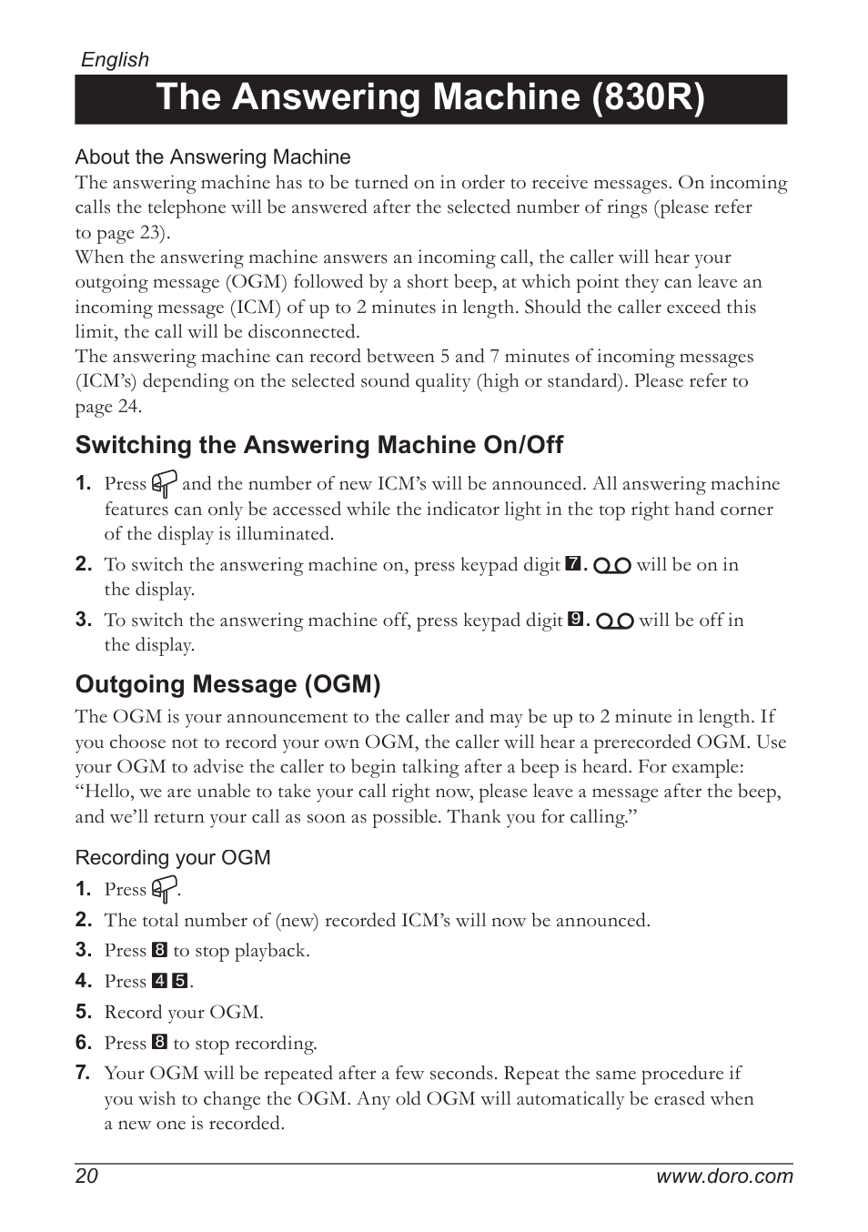 The answering machine (830r), Switching the answering machine on/off, Outgoing message (ogm) | Doro 820 User Manual | Page 20 / 32
