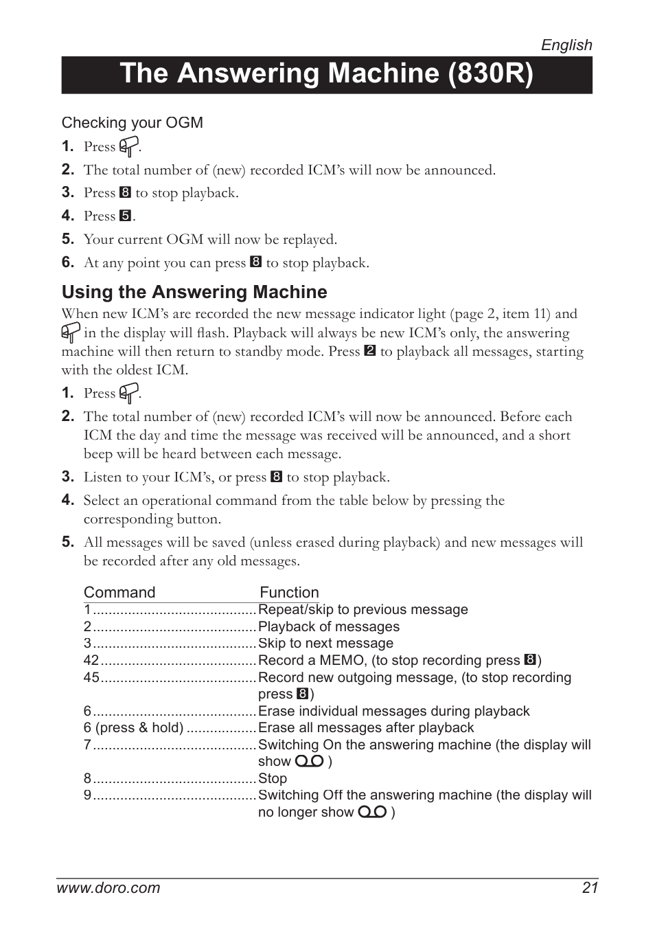 The answering machine (830r), Using the answering machine | Doro 820 User Manual | Page 21 / 32