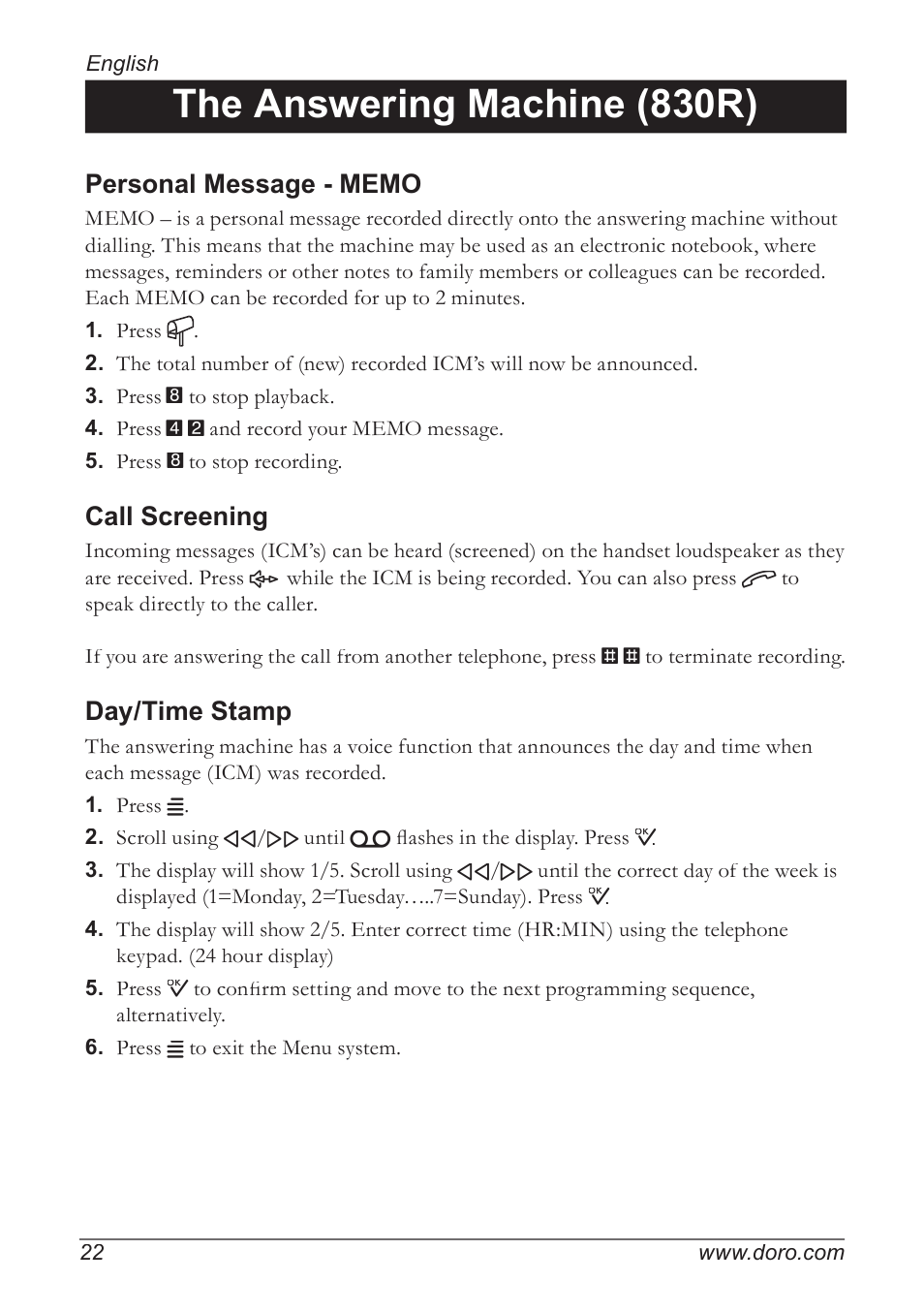 The answering machine (830r), Call screening, Day/time stamp | Doro 820 User Manual | Page 22 / 32
