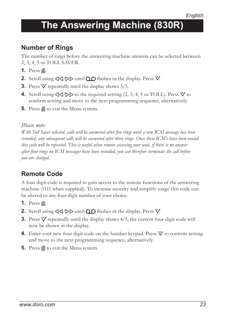 The answering machine (830r), Number of rings, Remote code | Doro 820 User Manual | Page 23 / 32