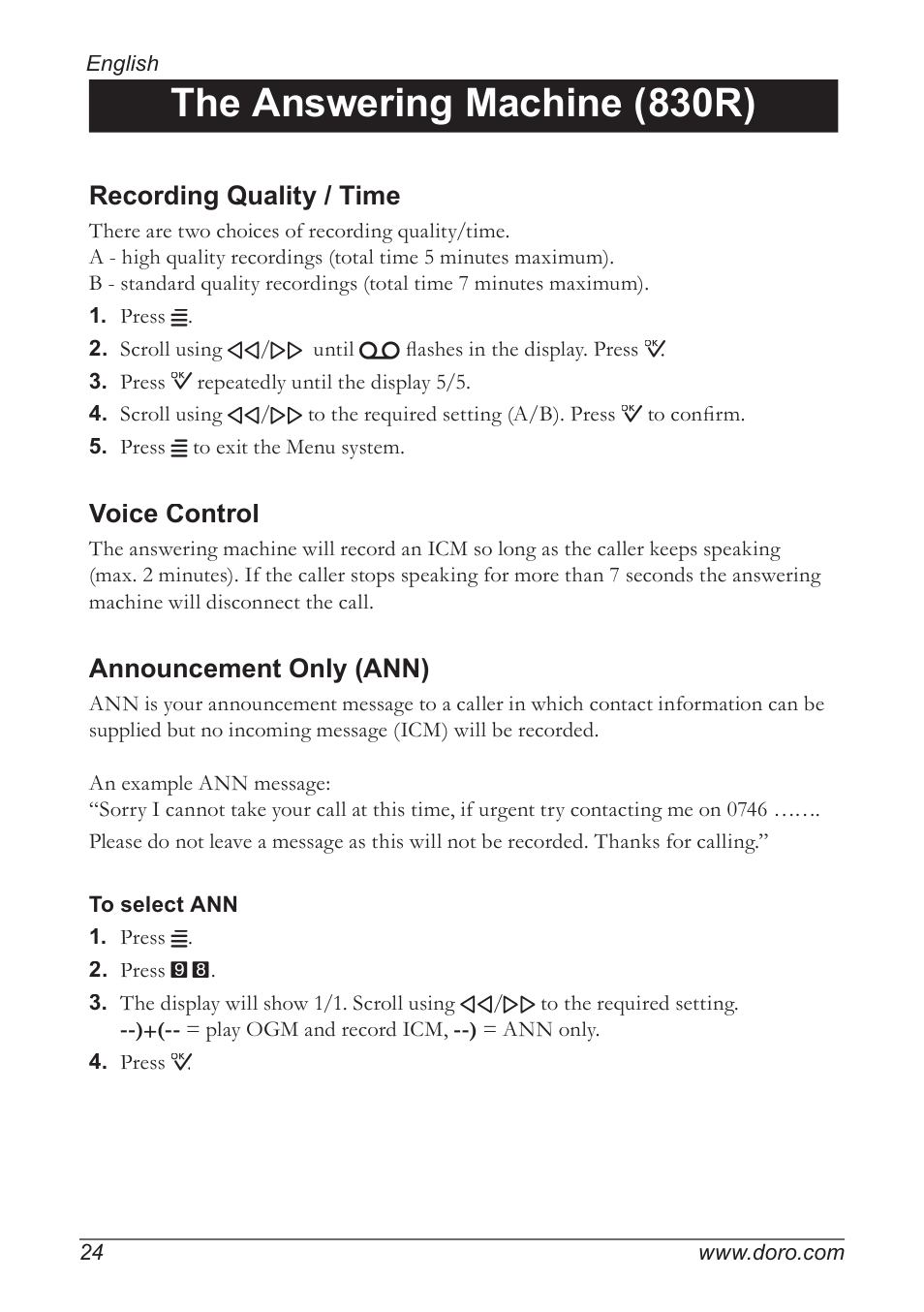 The answering machine (830r), Recording quality / time, Voice control | Announcement only (ann) | Doro 820 User Manual | Page 24 / 32
