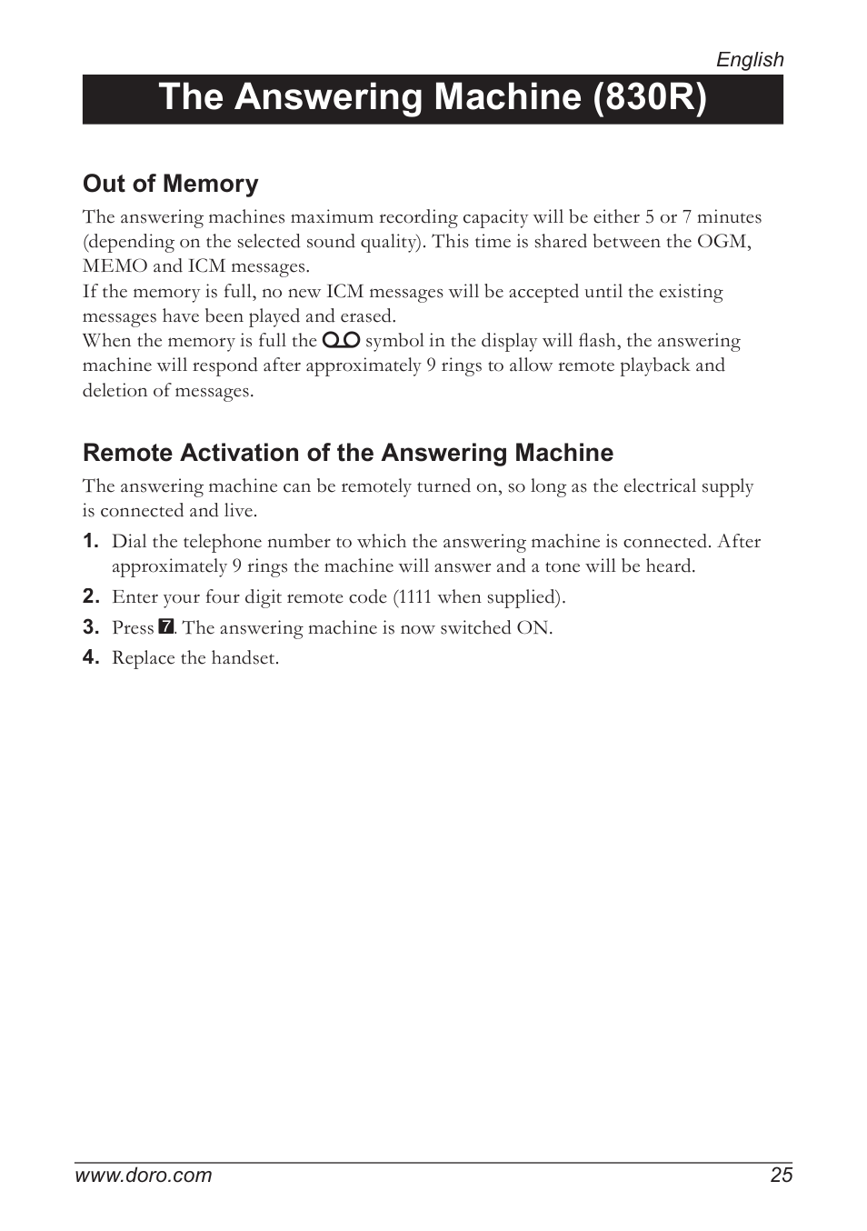 The answering machine (830r), Remote activation of the answering machine | Doro 820 User Manual | Page 25 / 32