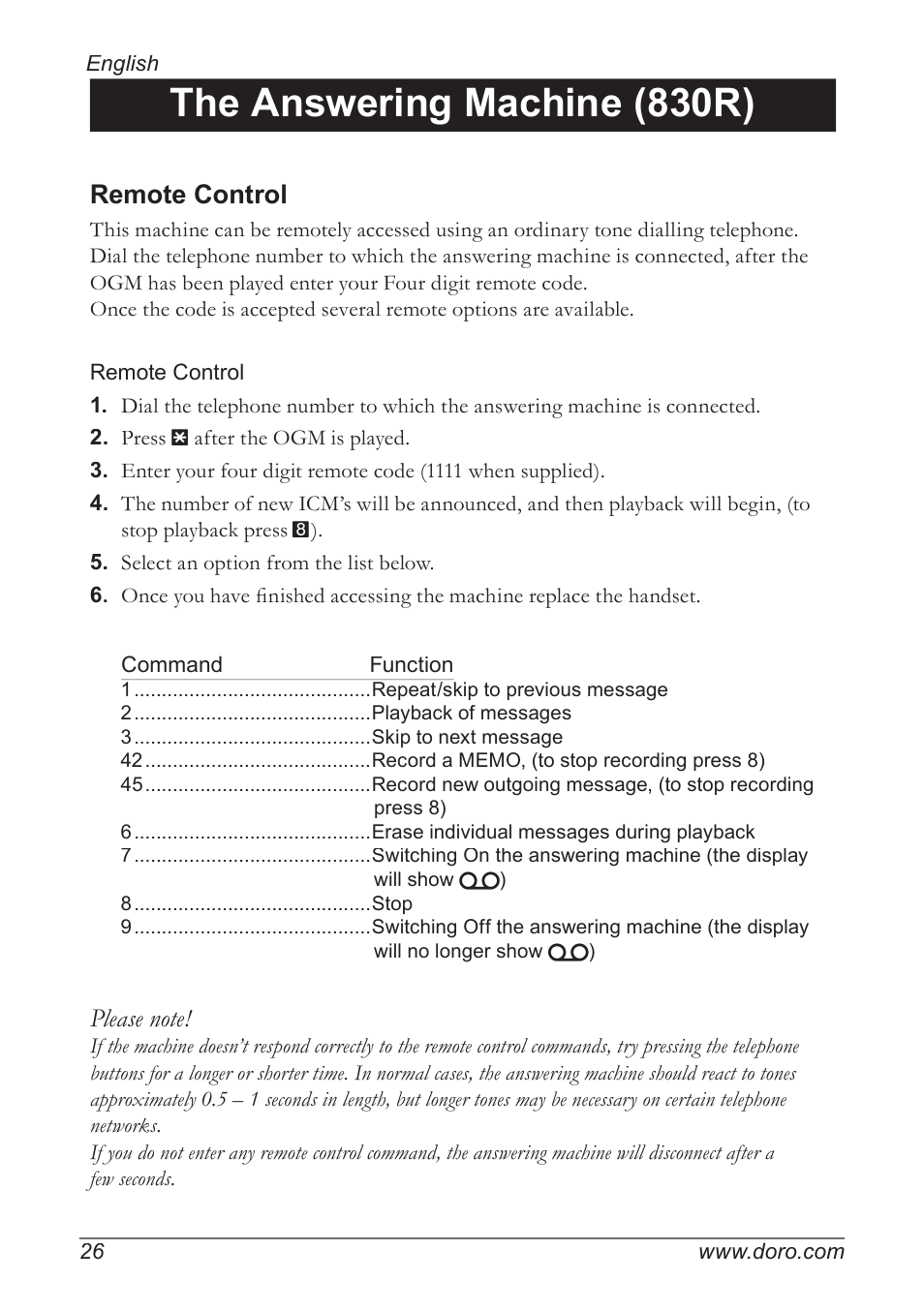 The answering machine (830r), Remote control | Doro 820 User Manual | Page 26 / 32