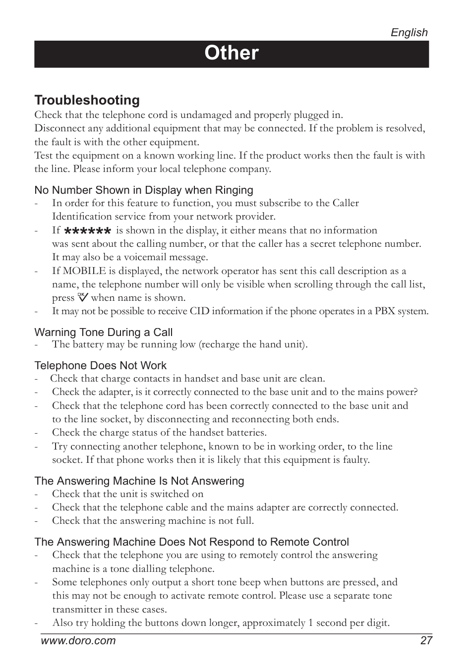 Other, Troubleshooting | Doro 820 User Manual | Page 27 / 32