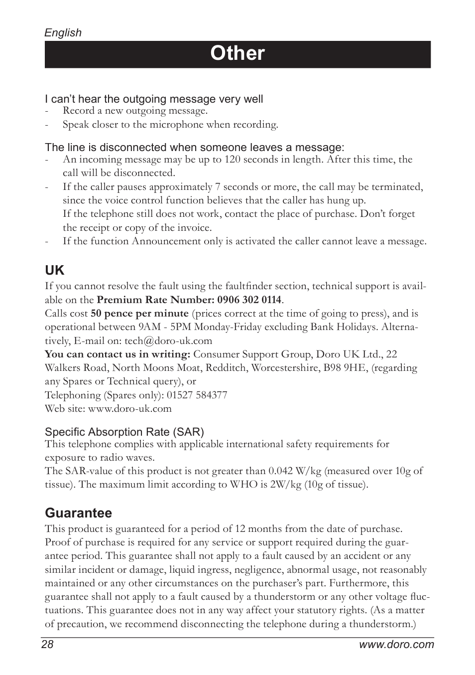 Other, Guarantee | Doro 820 User Manual | Page 28 / 32