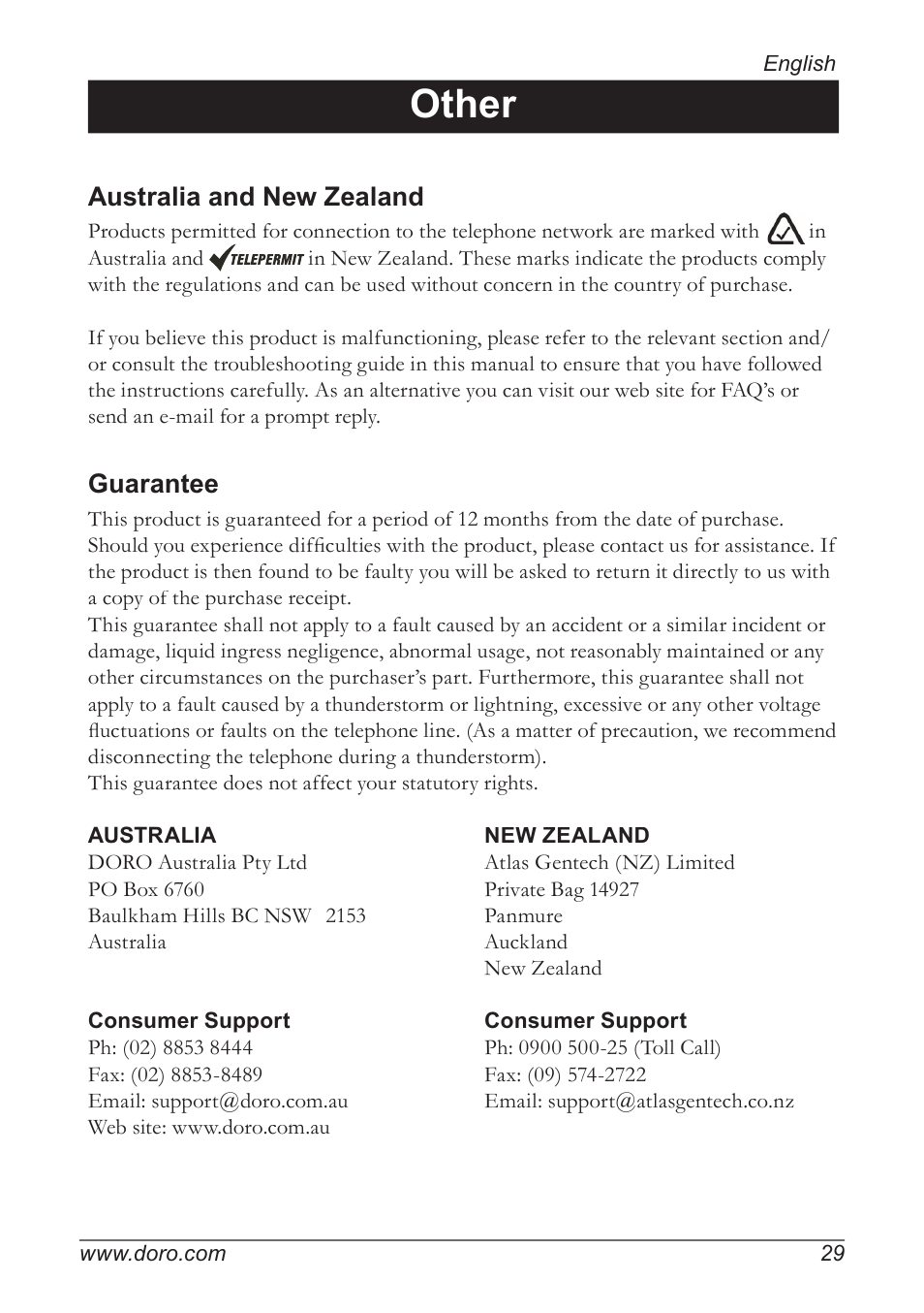 Other, Australia and new zealand, Guarantee | Doro 820 User Manual | Page 29 / 32