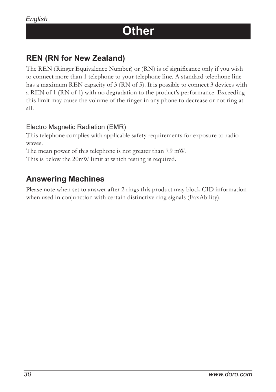 Other, Ren (rn for new zealand), Answering machines | Doro 820 User Manual | Page 30 / 32