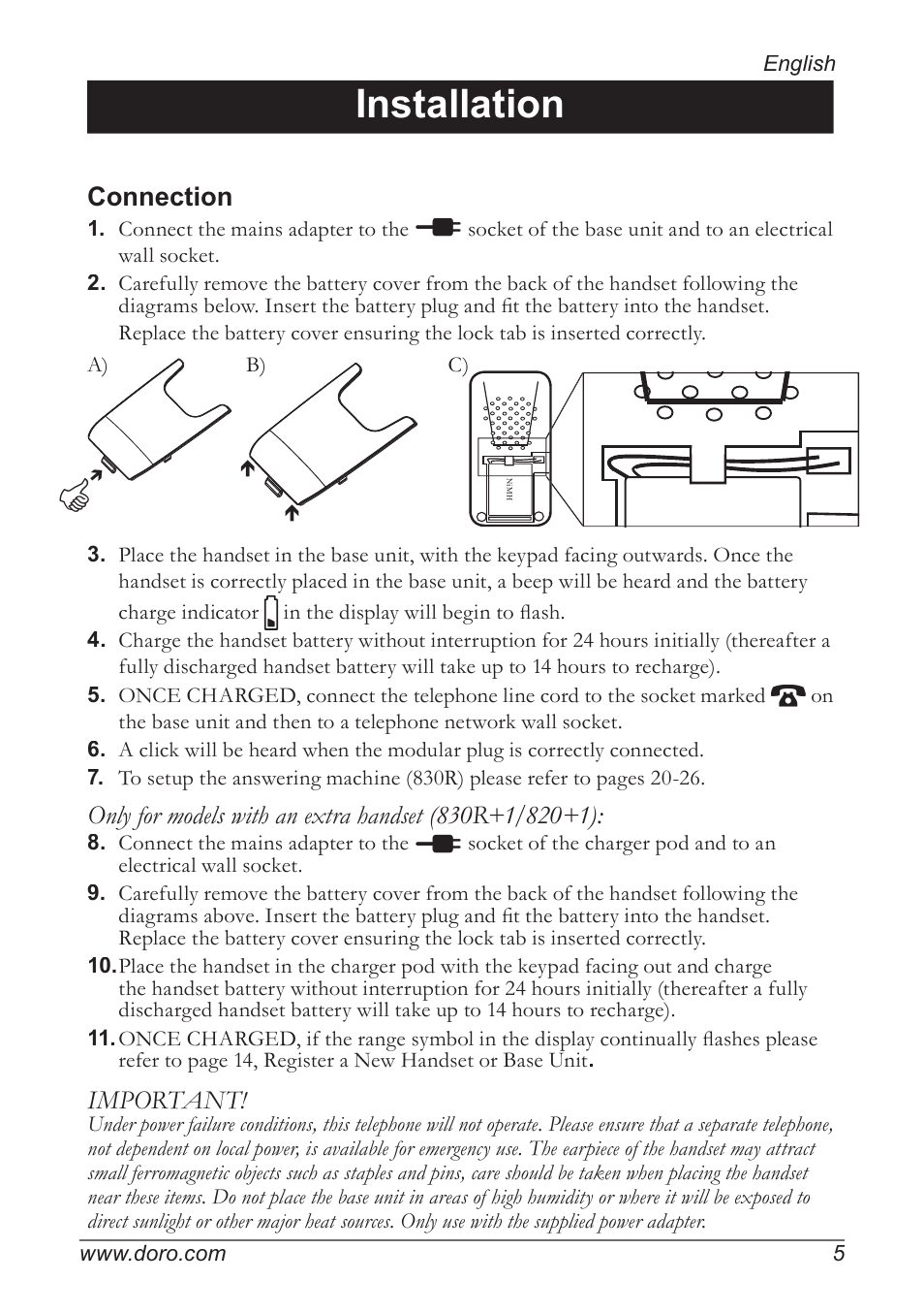 Installation, Connection, Important | Doro 820 User Manual | Page 5 / 32